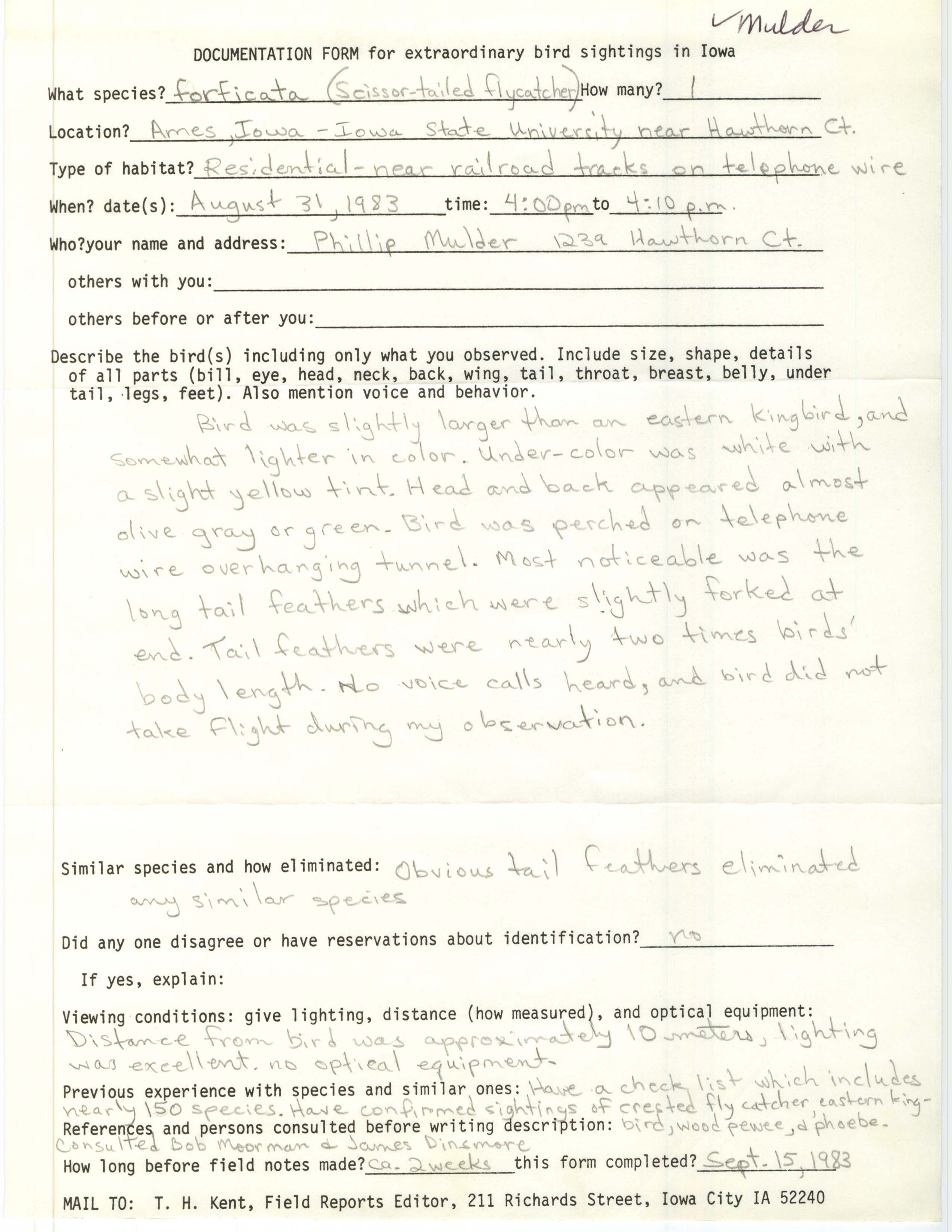 Rare bird documentation for Scissor-tailed Flycatcher at Iowa State University, 1983