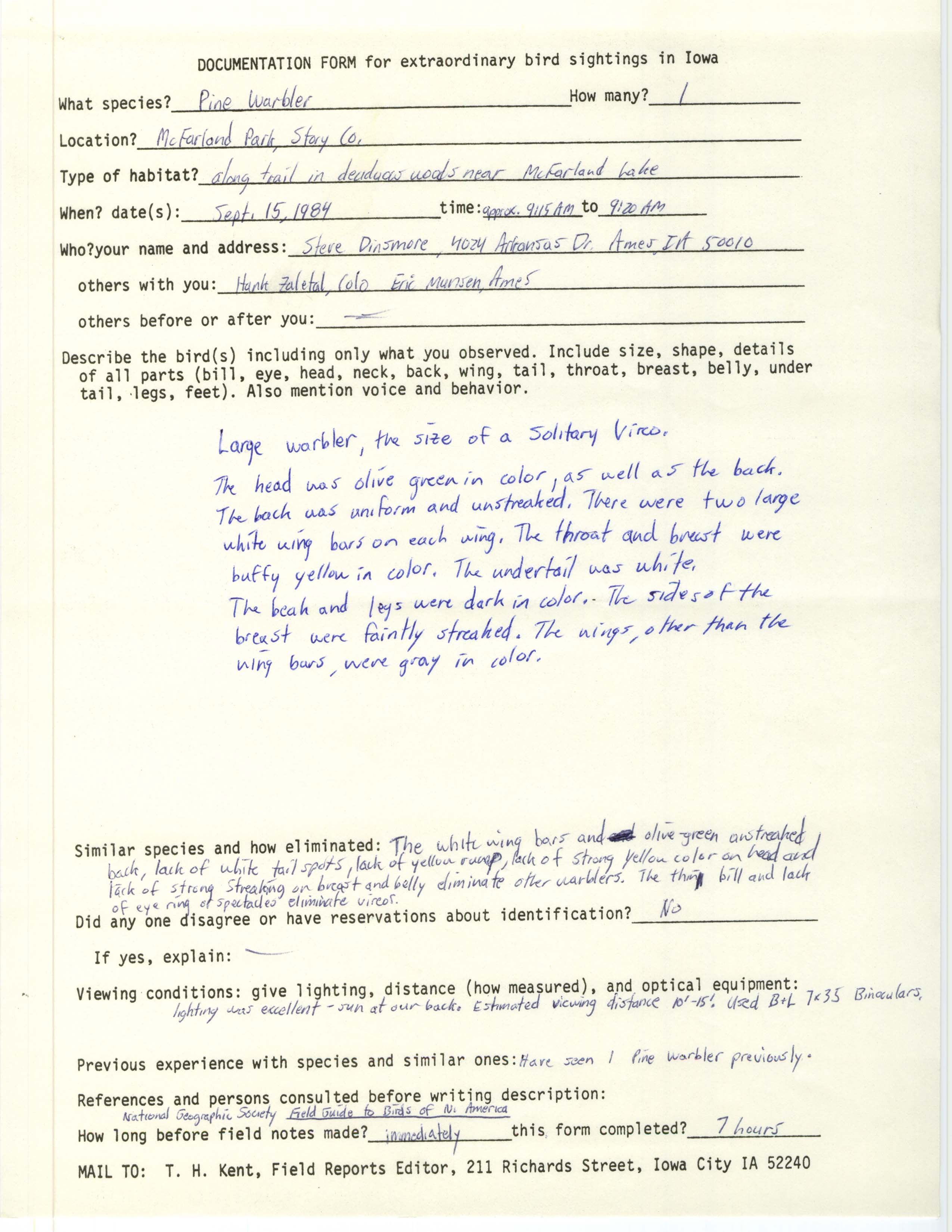 Rare bird documentation form for Pine Warbler at McFarland Park in Story County in 1984