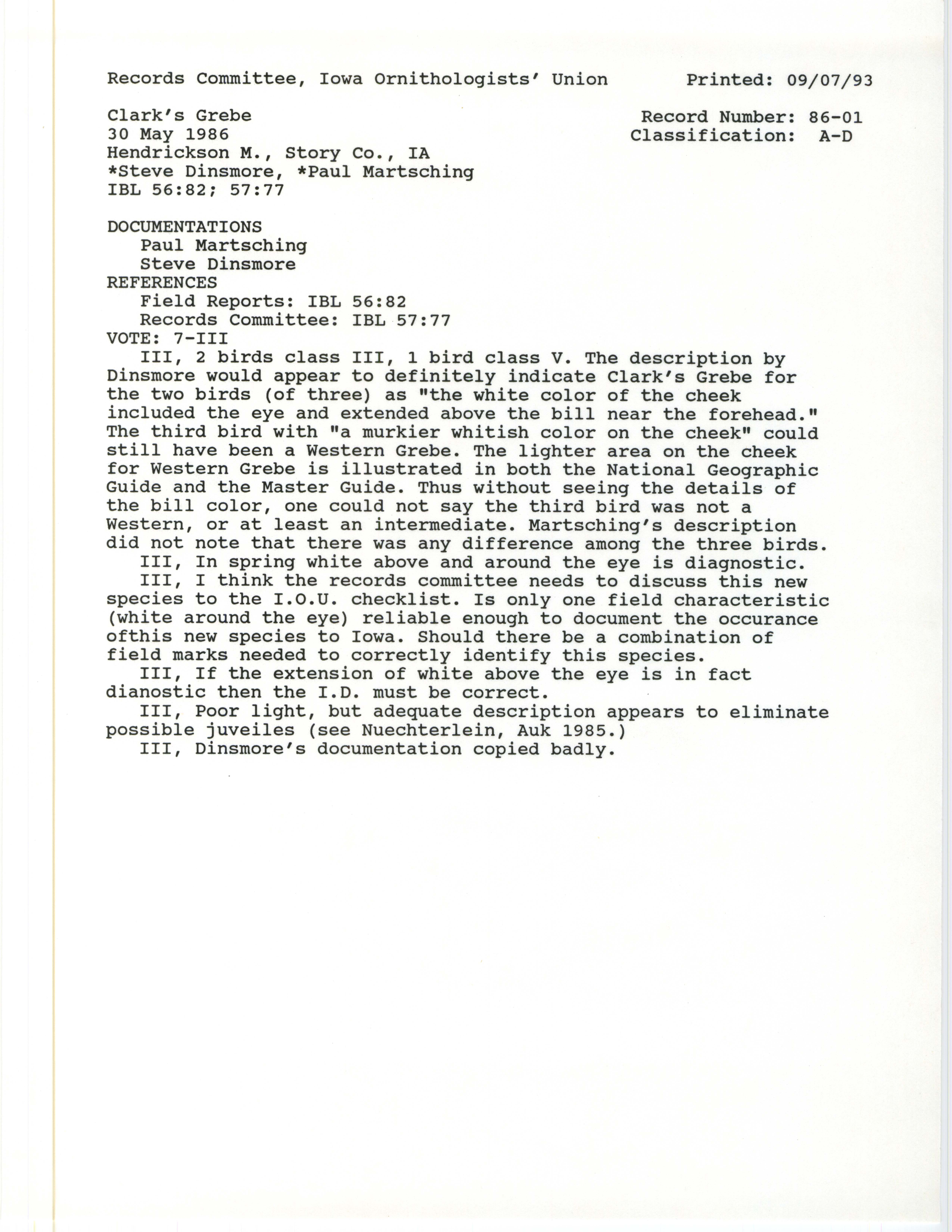 Records Committee review for rare bird sighting of Clark's Grebe at Hendrickson Marsh, 1986