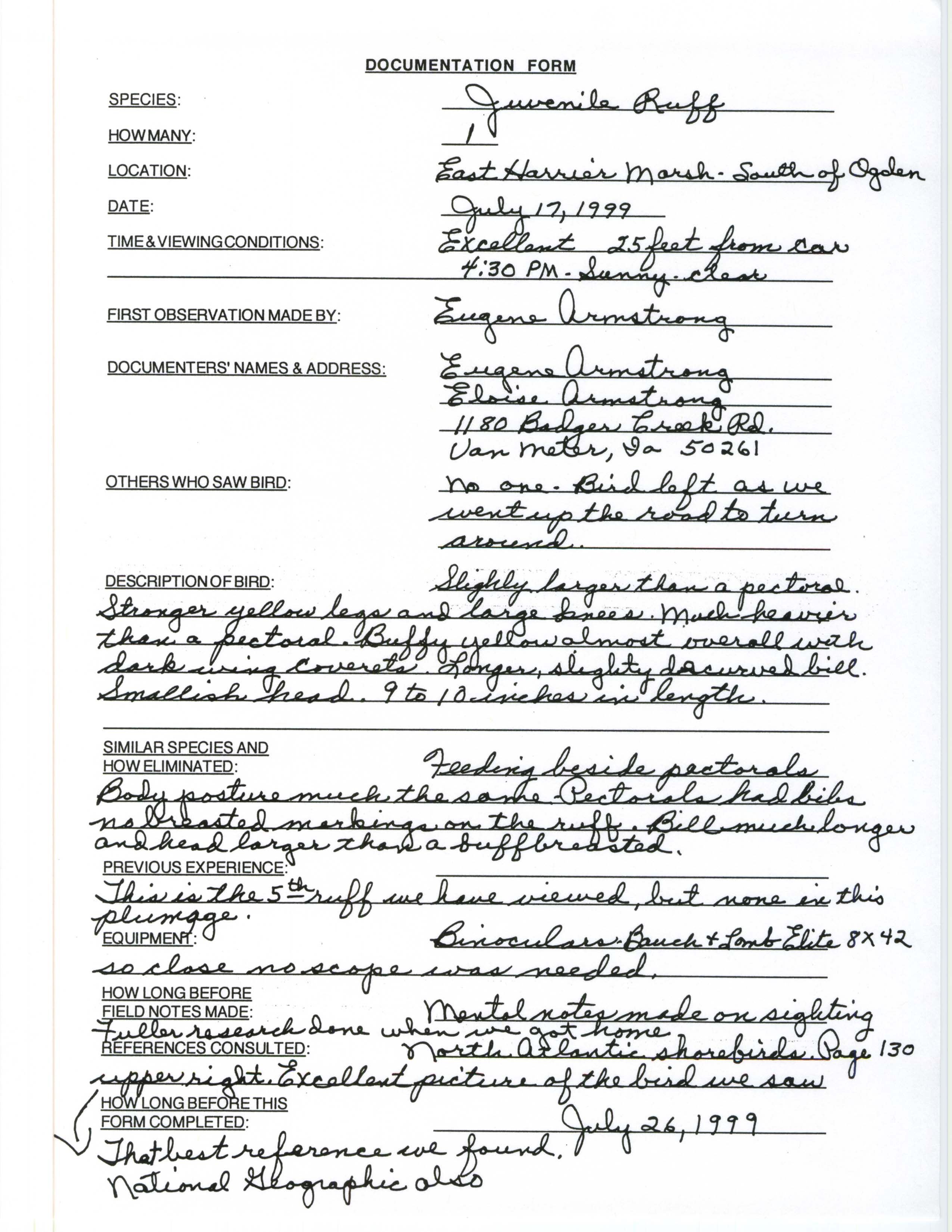 Documentation form, Ruff, July 17, 1999, Eugene Armstrong