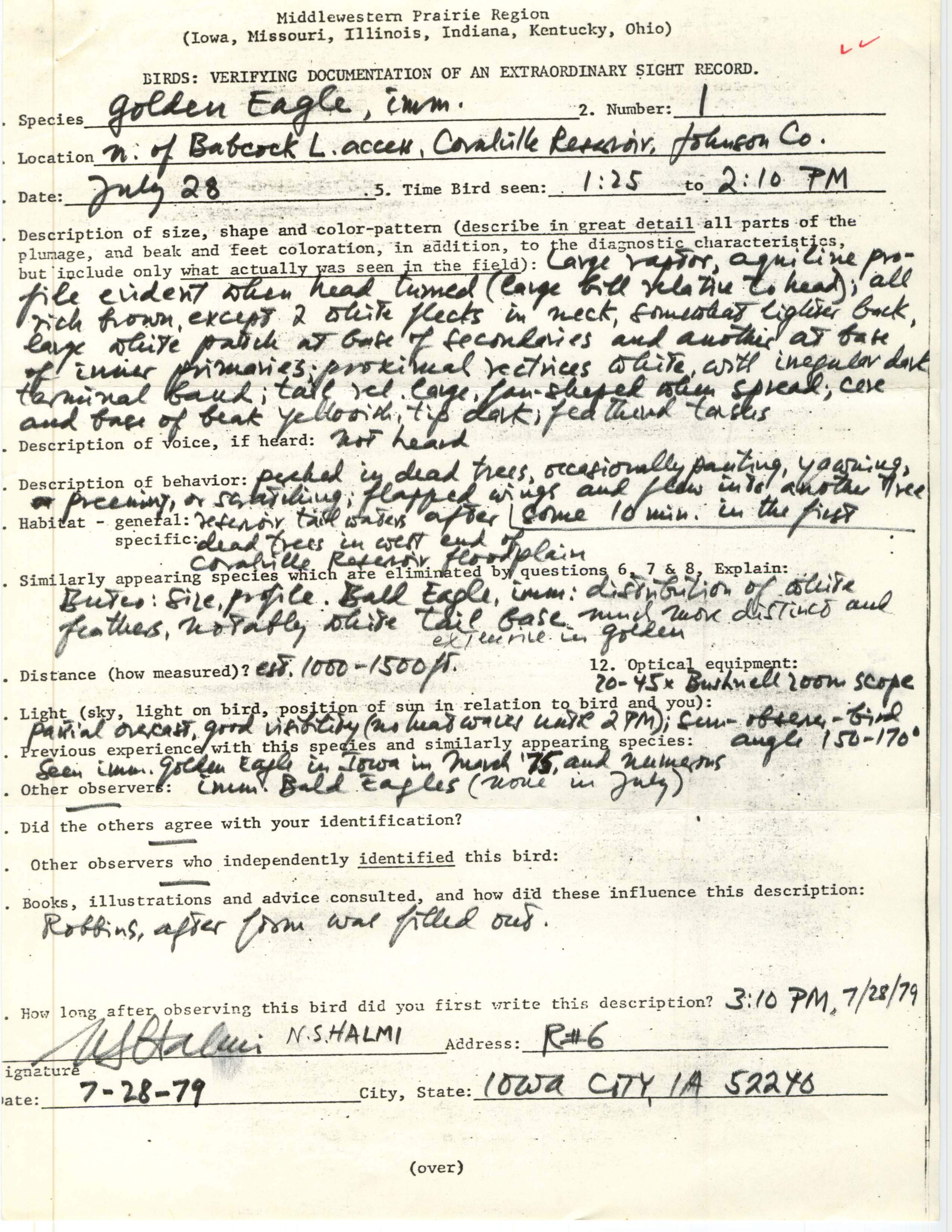 Rare bird documentation form for Golden Eagle at Babcock Access at Coralville Lake, 1979