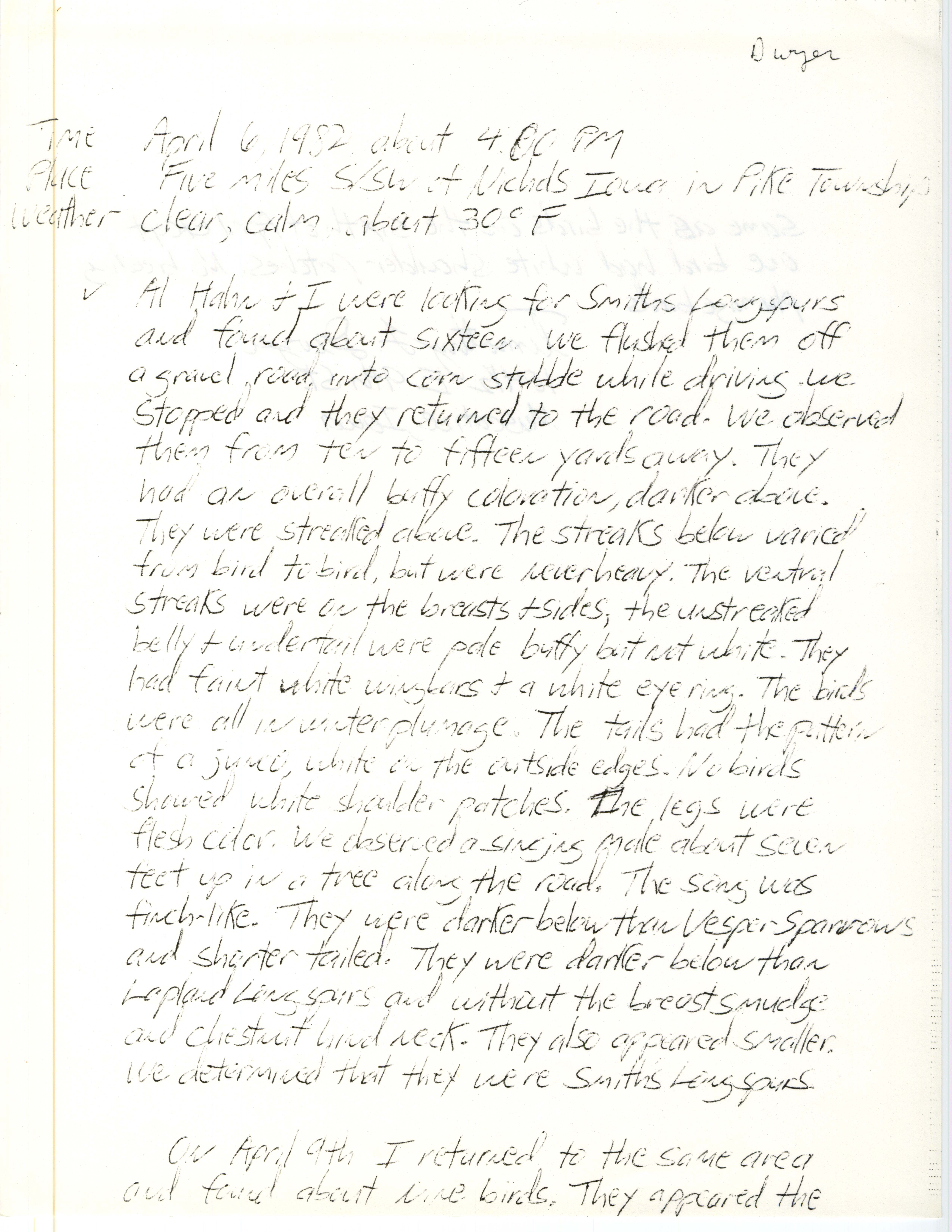 Field notes contributed by Timothy L. Dwyer, April 6, 1982