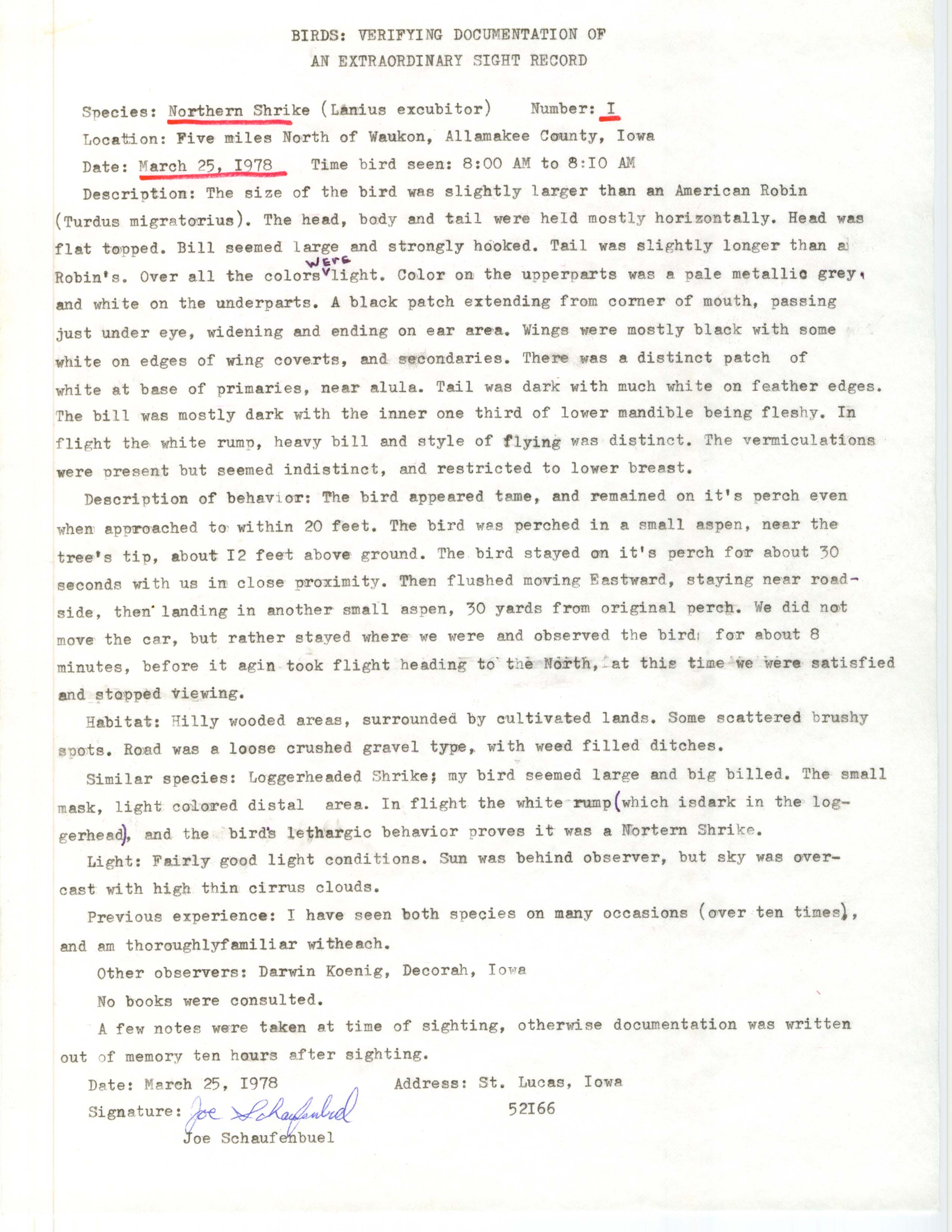 Rare bird documentation form for Northern Shrike north of Waukon, 1978