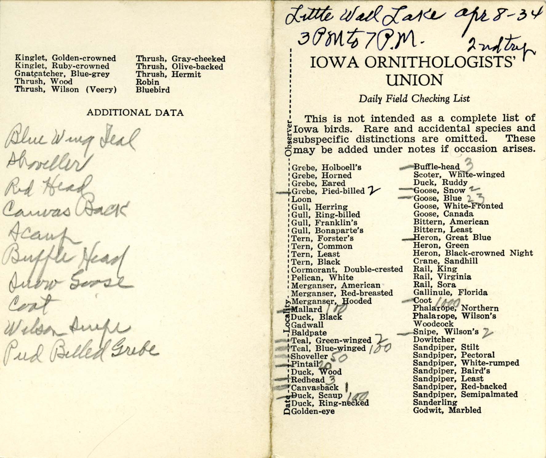 Daily field checking list, Walter Rosene, April 8, 1934 second trip