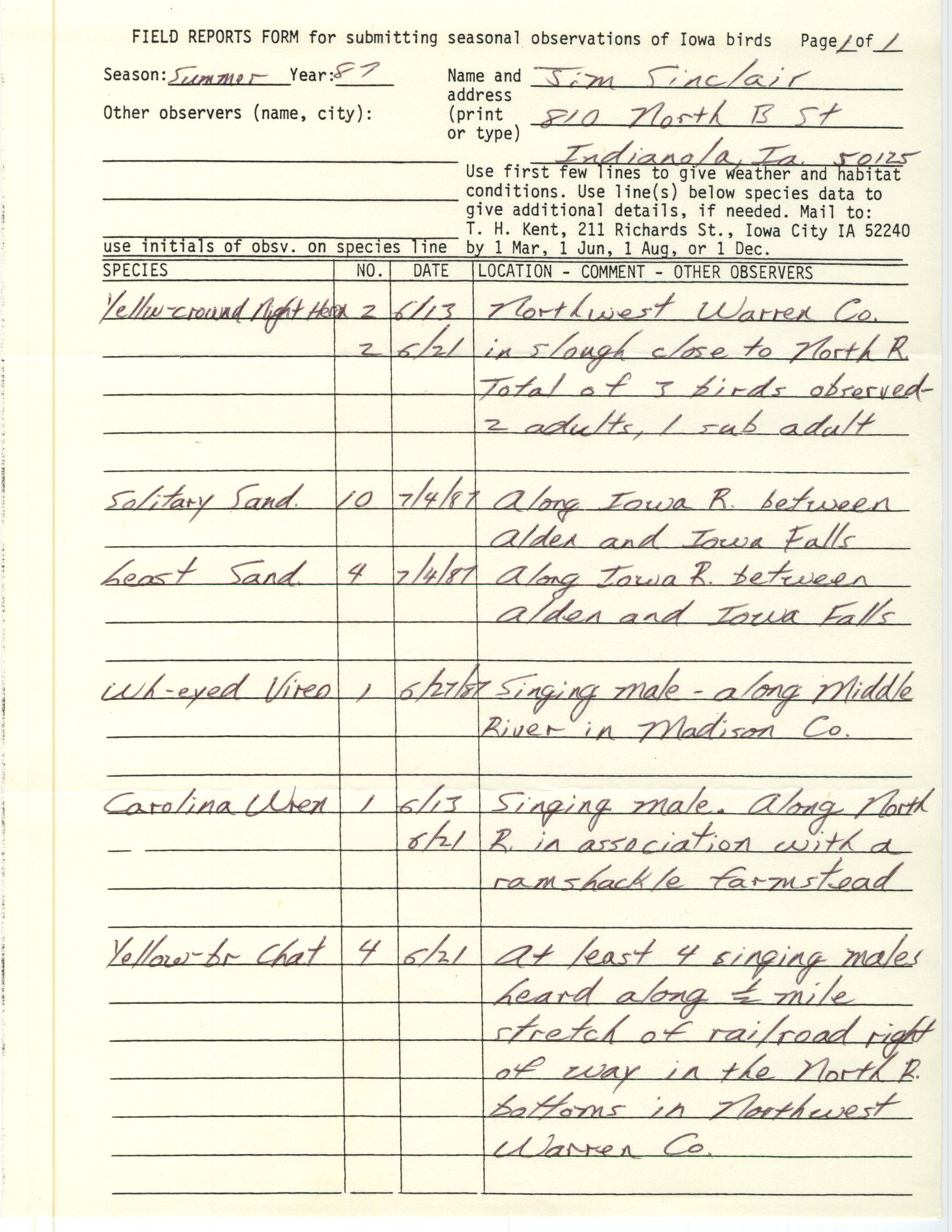 Field reports form for submitting seasonal observations of Iowa birds, Jim Sinclair, summer 1987