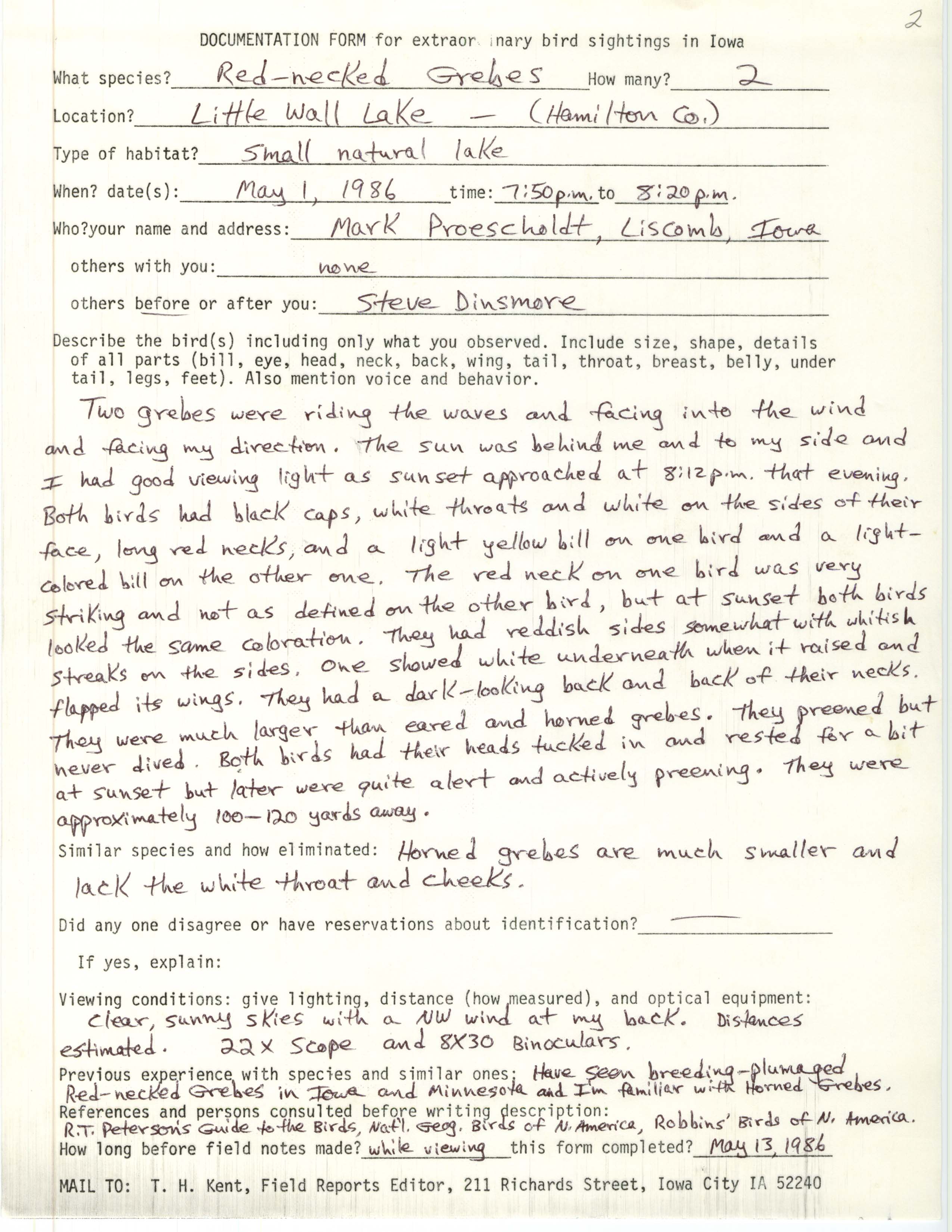Rare bird documentation form for Red-necked Grebe at Little Wall Lake, 1986