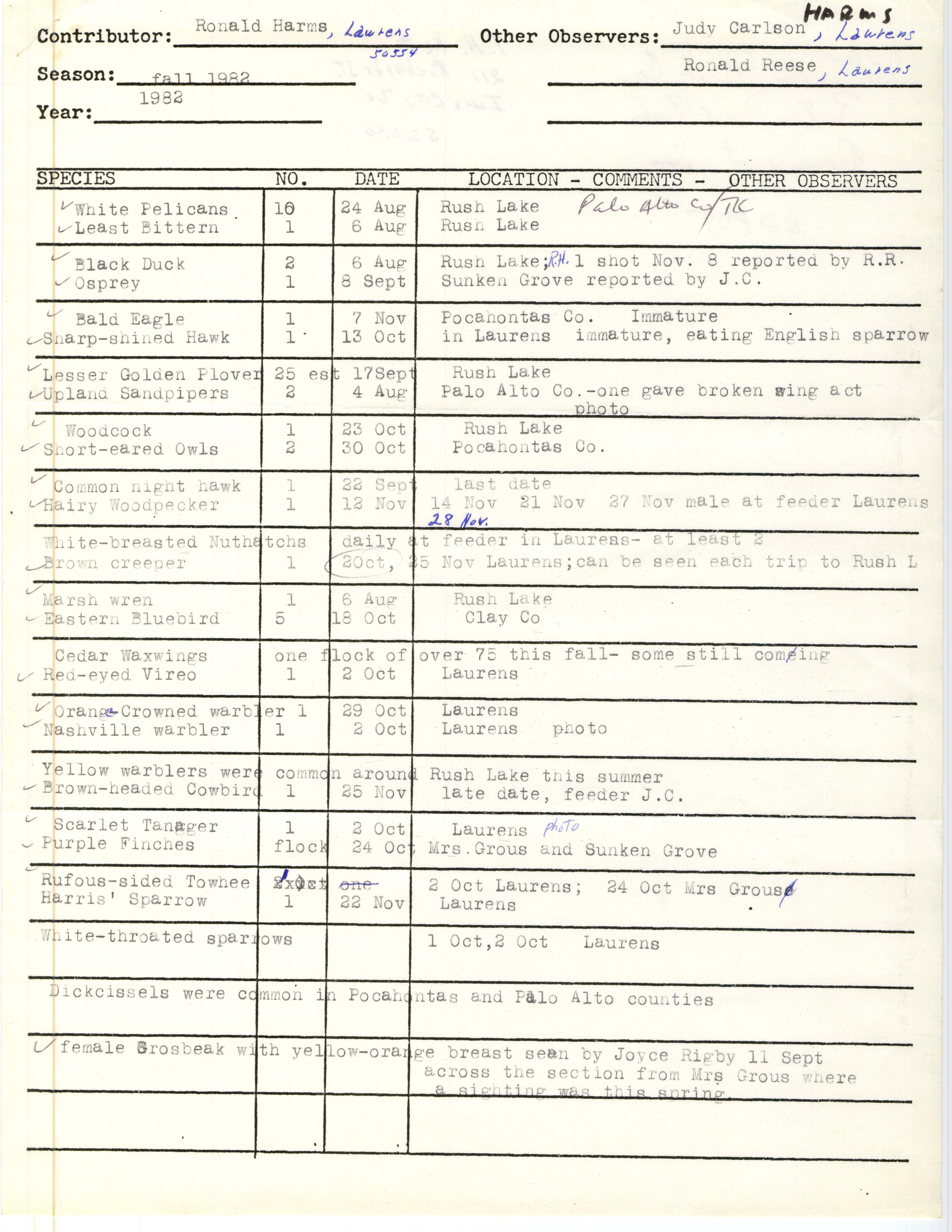 Field report contributed by Ronald Harms for fall 1982