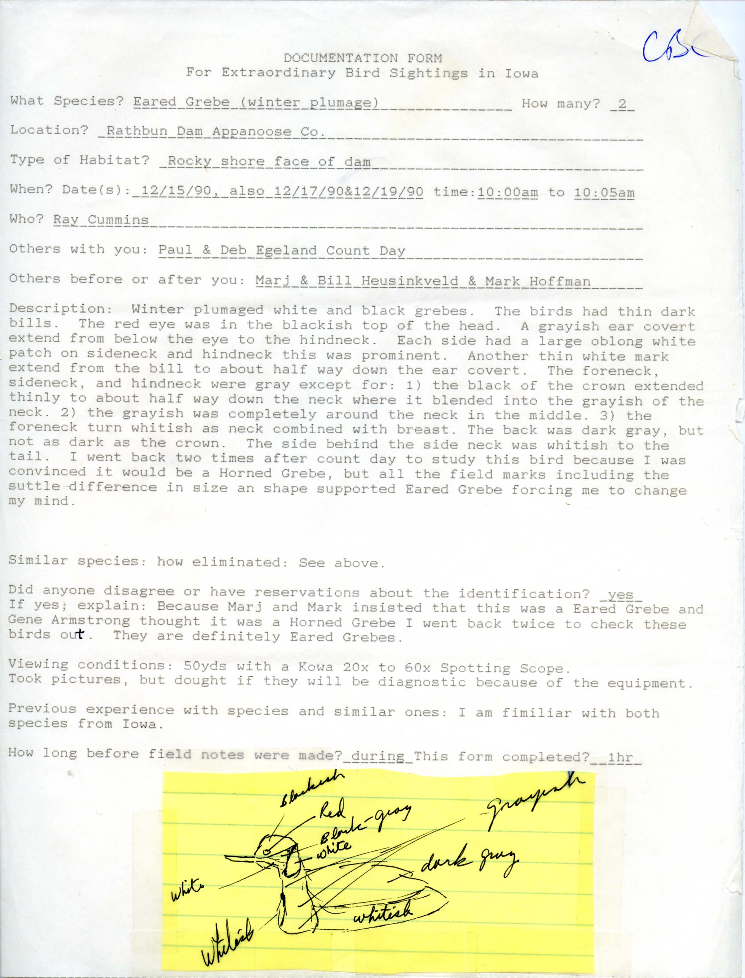 Rare bird documentation form for Eared Grebe at Rathbun Dam, 1990