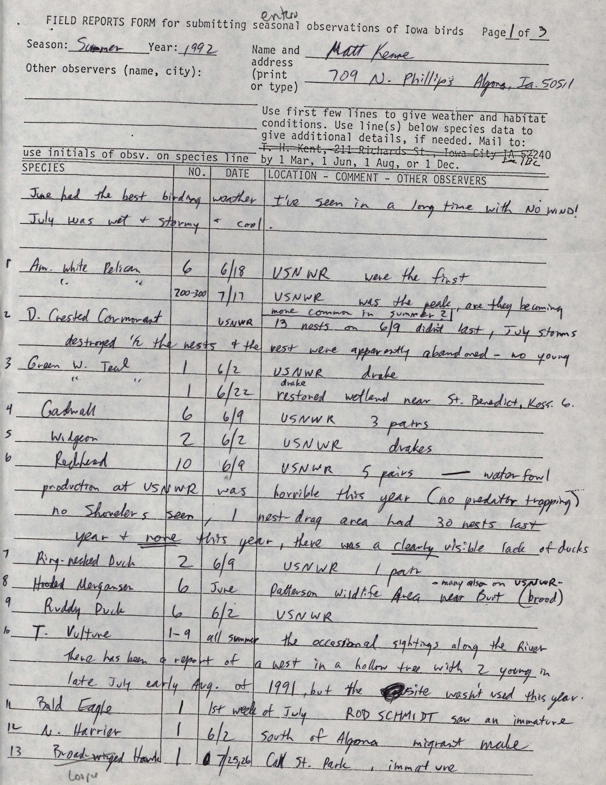 Field reports form for submitting seasonal observations of Iowa birds, Matthew Kenne, summer 1992