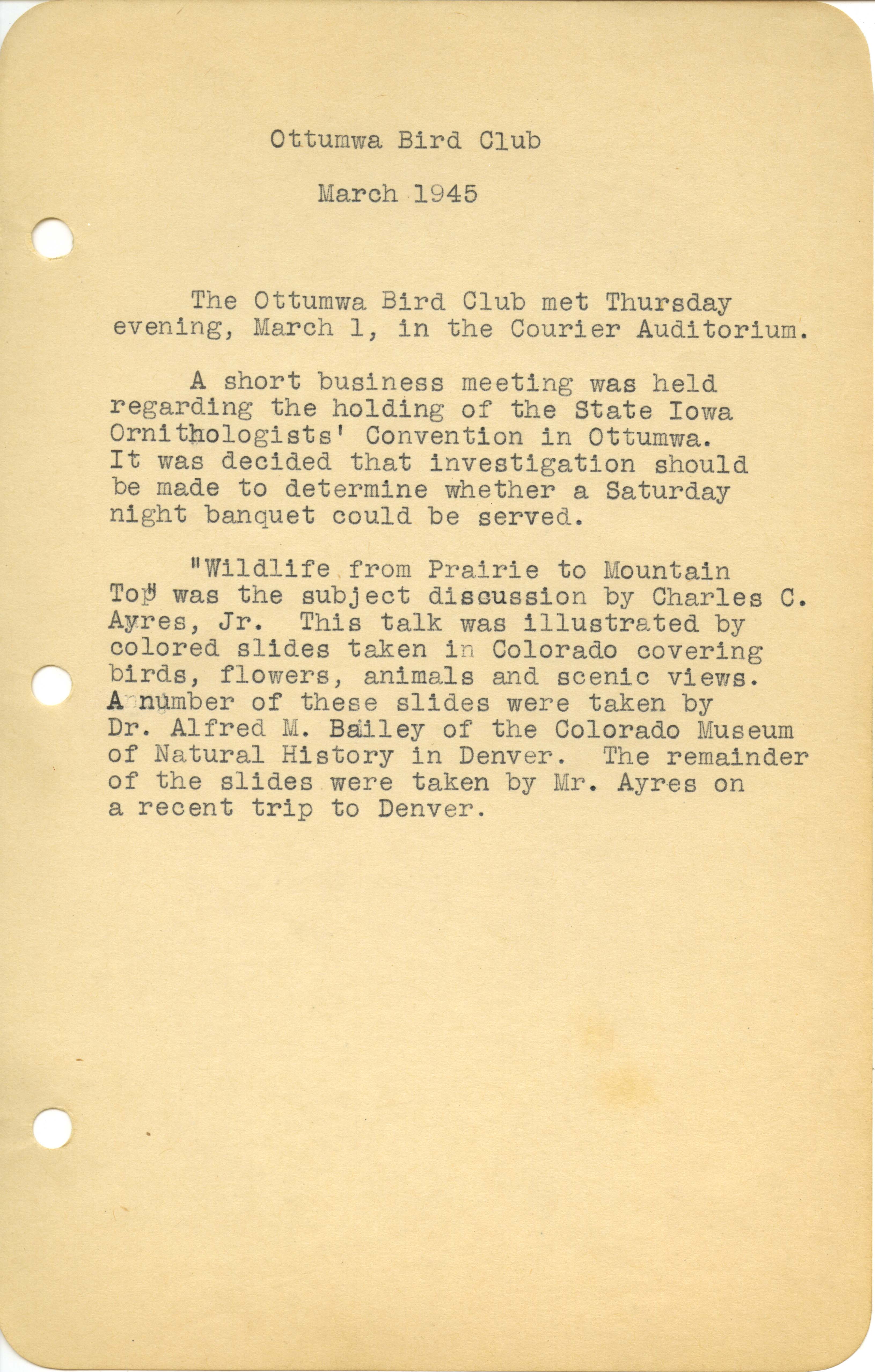 Ottumwa Bird Club meeting minutes, March 1, 1945