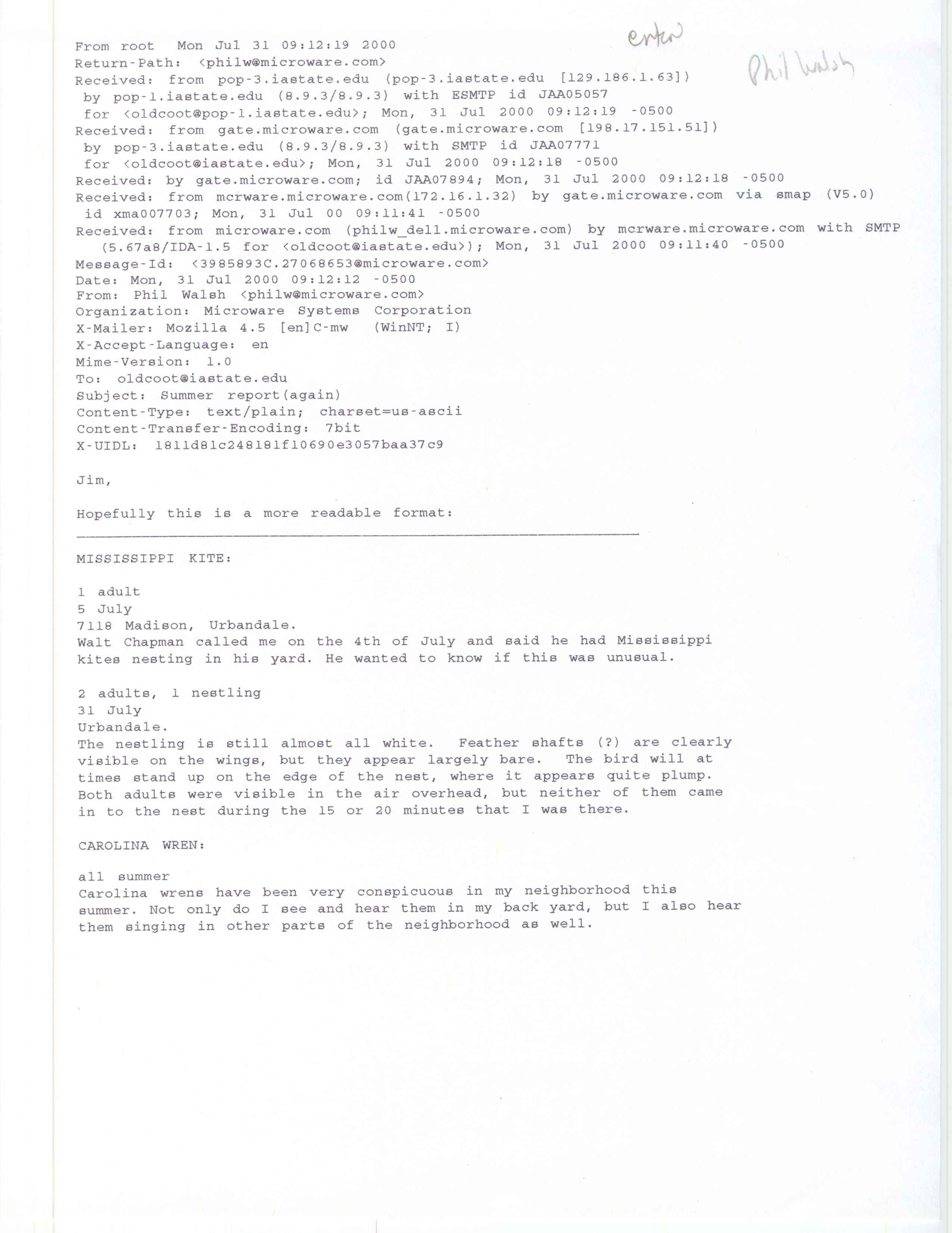 Philip J. Walsh email to James J. Dinsmore regarding summer bird sightings, July 31, 2000