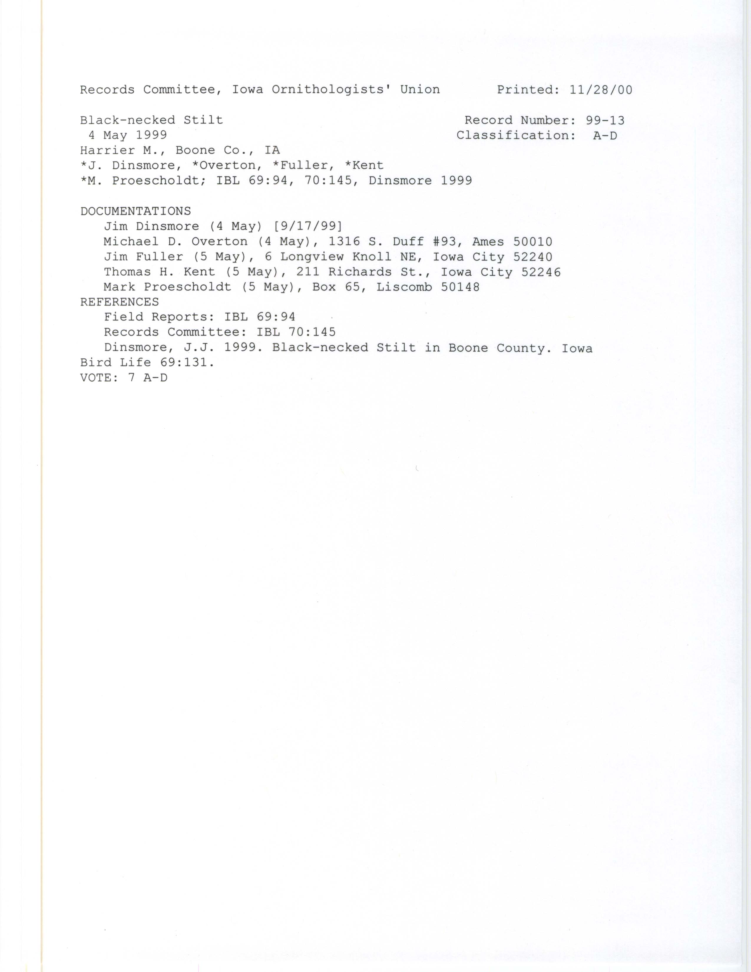 Records Committee review for rare bird sighting of Black-necked Stilt at Harrier Marsh, 1999
