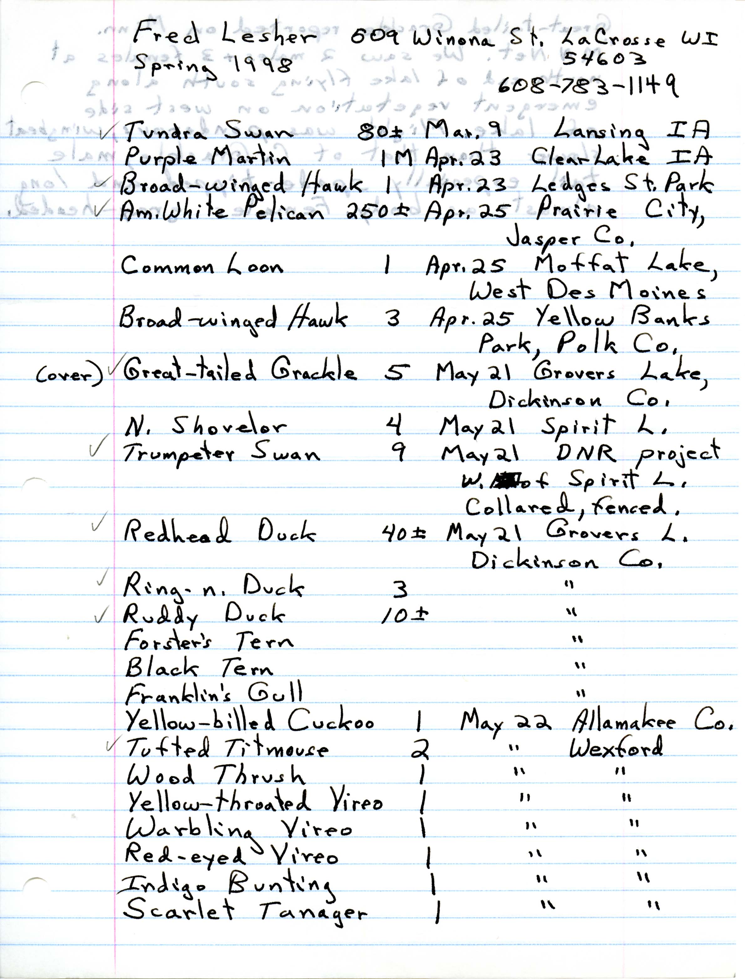 Annotated bird sighting list for spring 1998 compiled by Fred Lesher