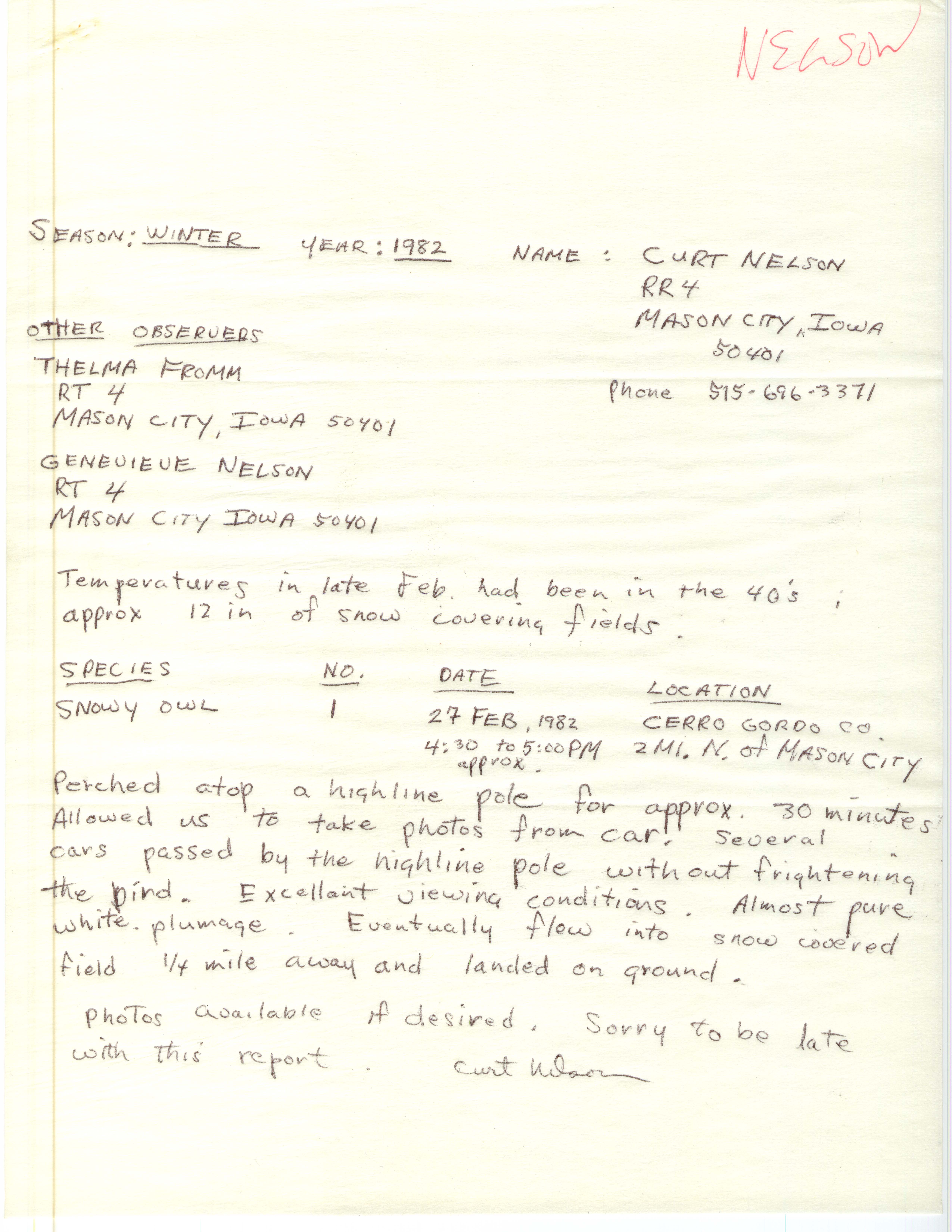 Field notes contributed by Curt Nelson, winter 1981-1982