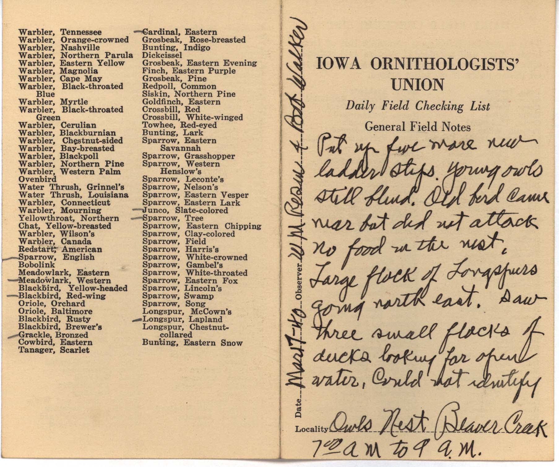 Daily field checking list by Walter Rosene, March 17, 1940
