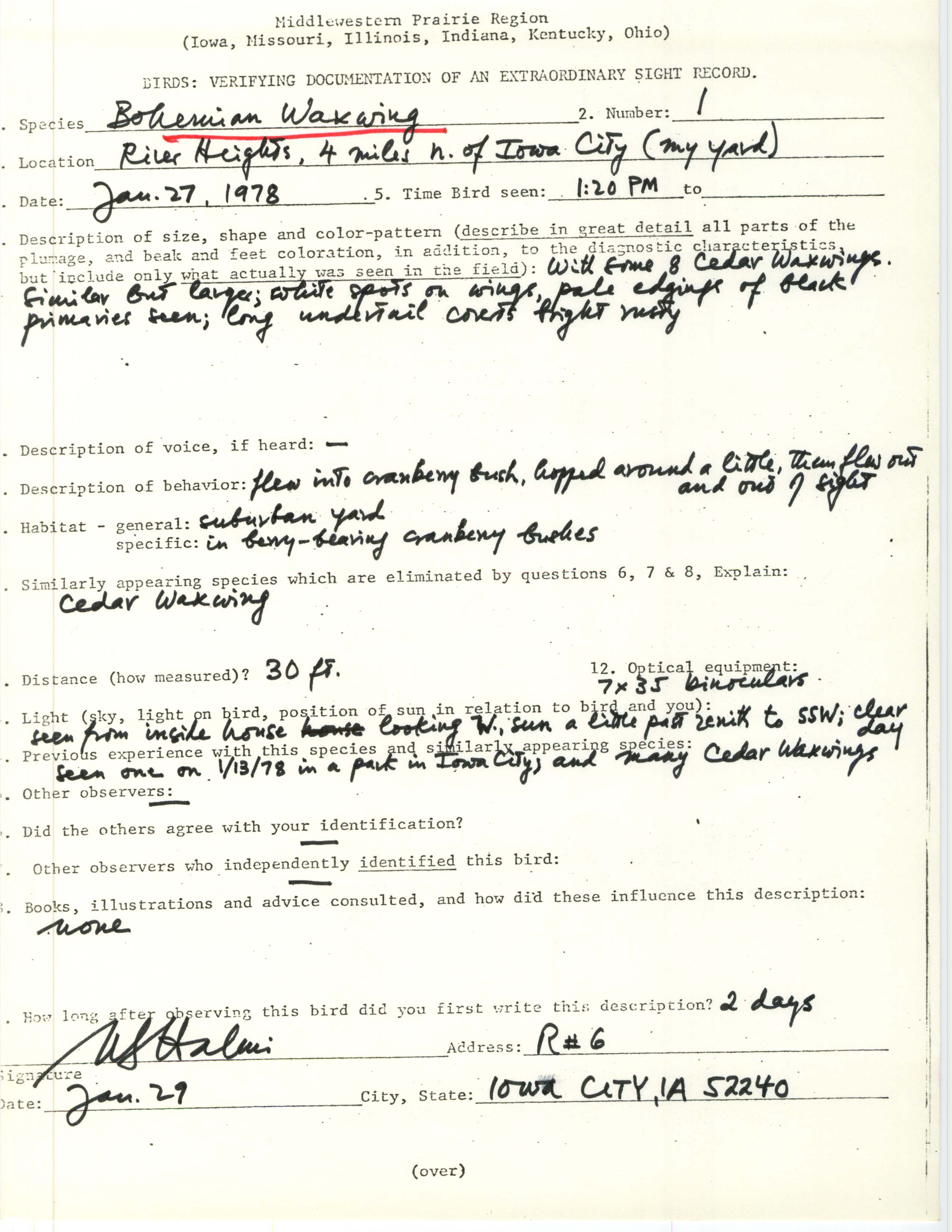 Rare bird documentation form for Bohemian Waxwing at River Heights in north Iowa City, 1978