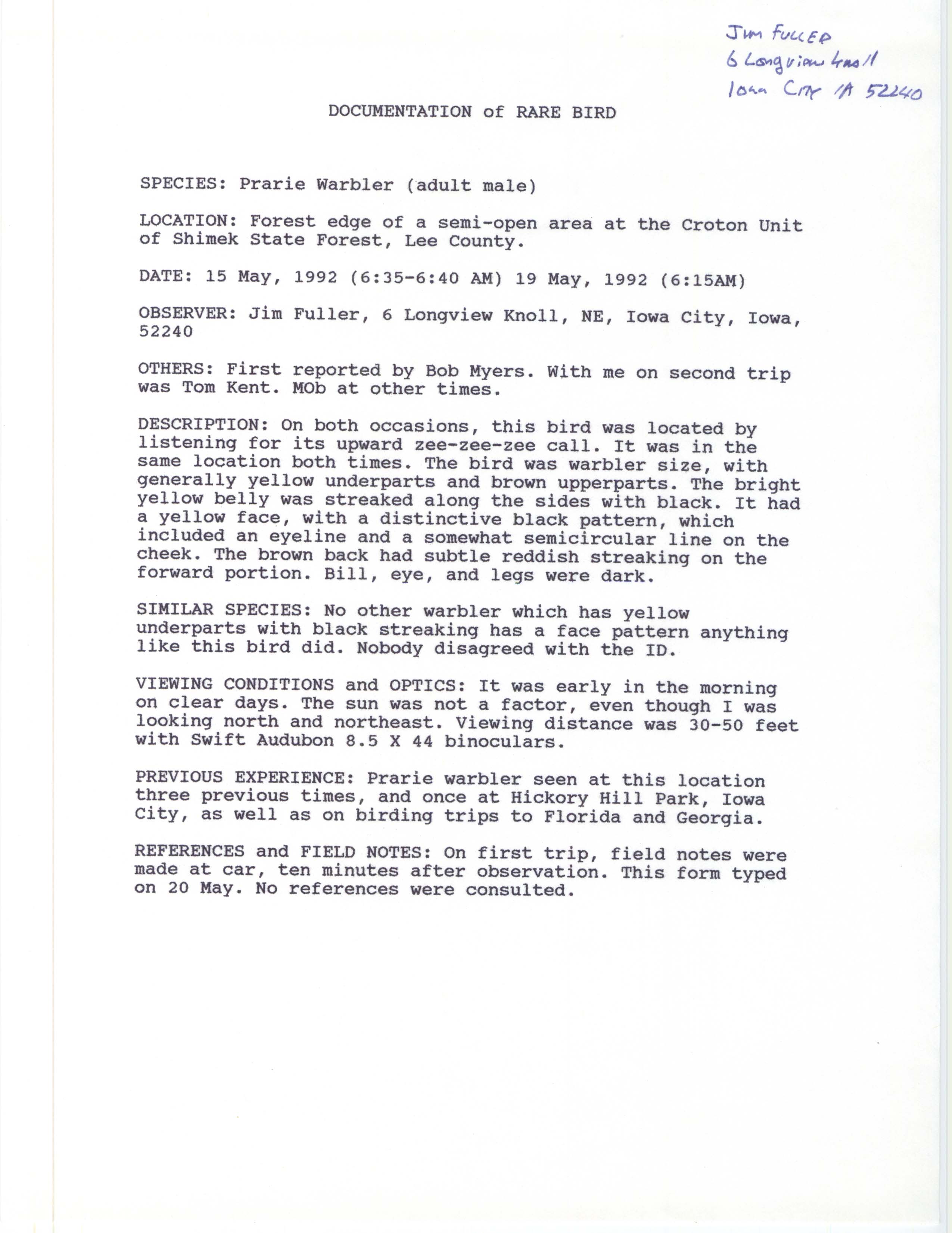 Rare bird documentation form for Prairie Warbler at the Croton Unit in Shimek State Forest, 1992