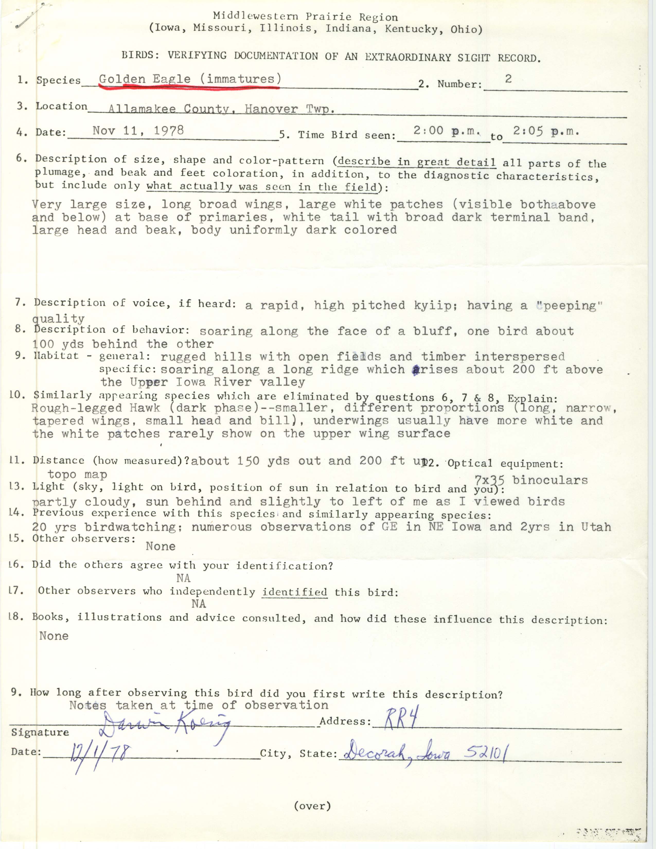 Rare bird documentation form for Golden Eagle at Hanover Township in Allamakee County, 1978