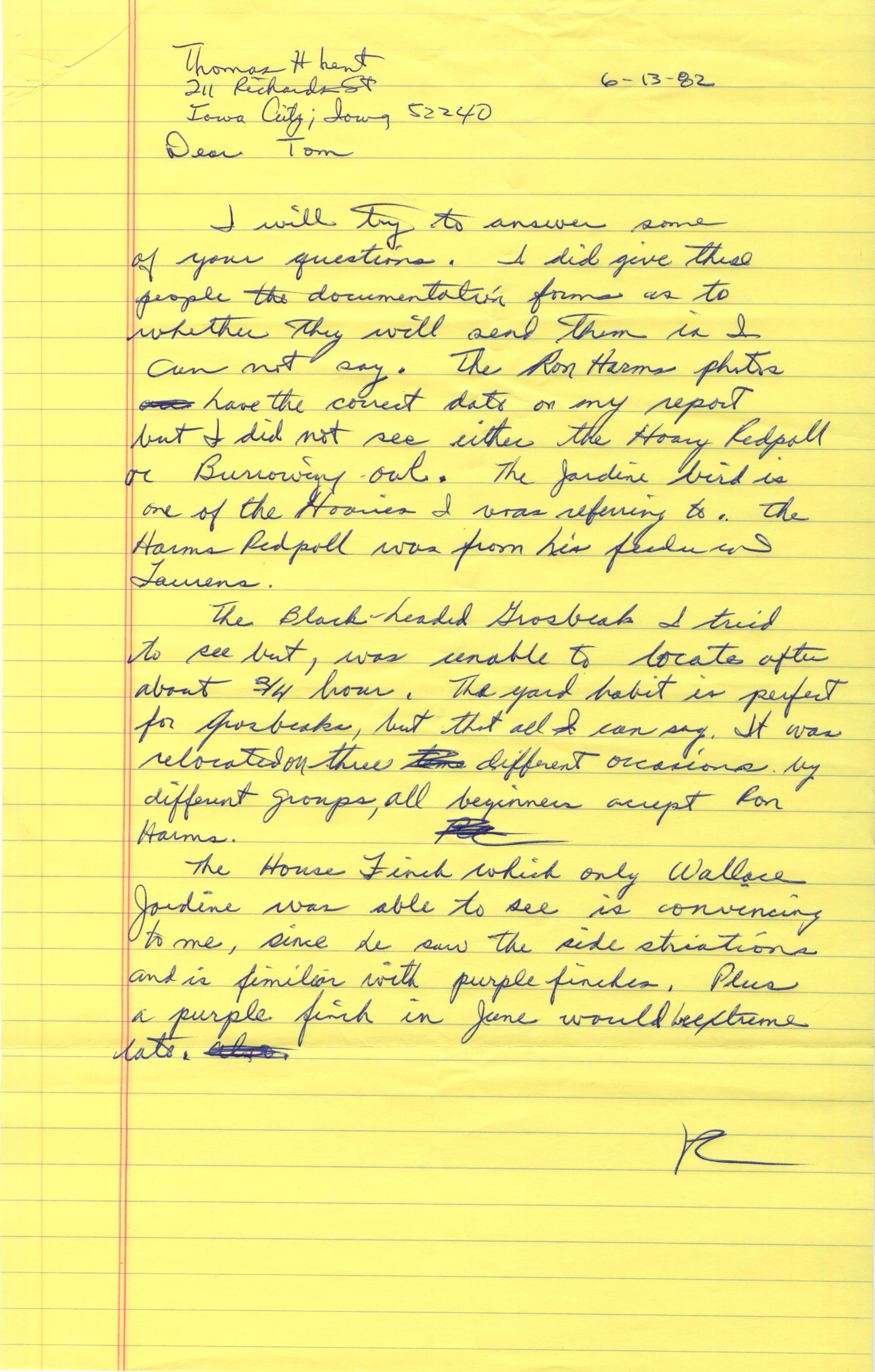 Ross Silcock letter to Thomas Kent regarding rare bird sightings in 1982, June 13, 1982