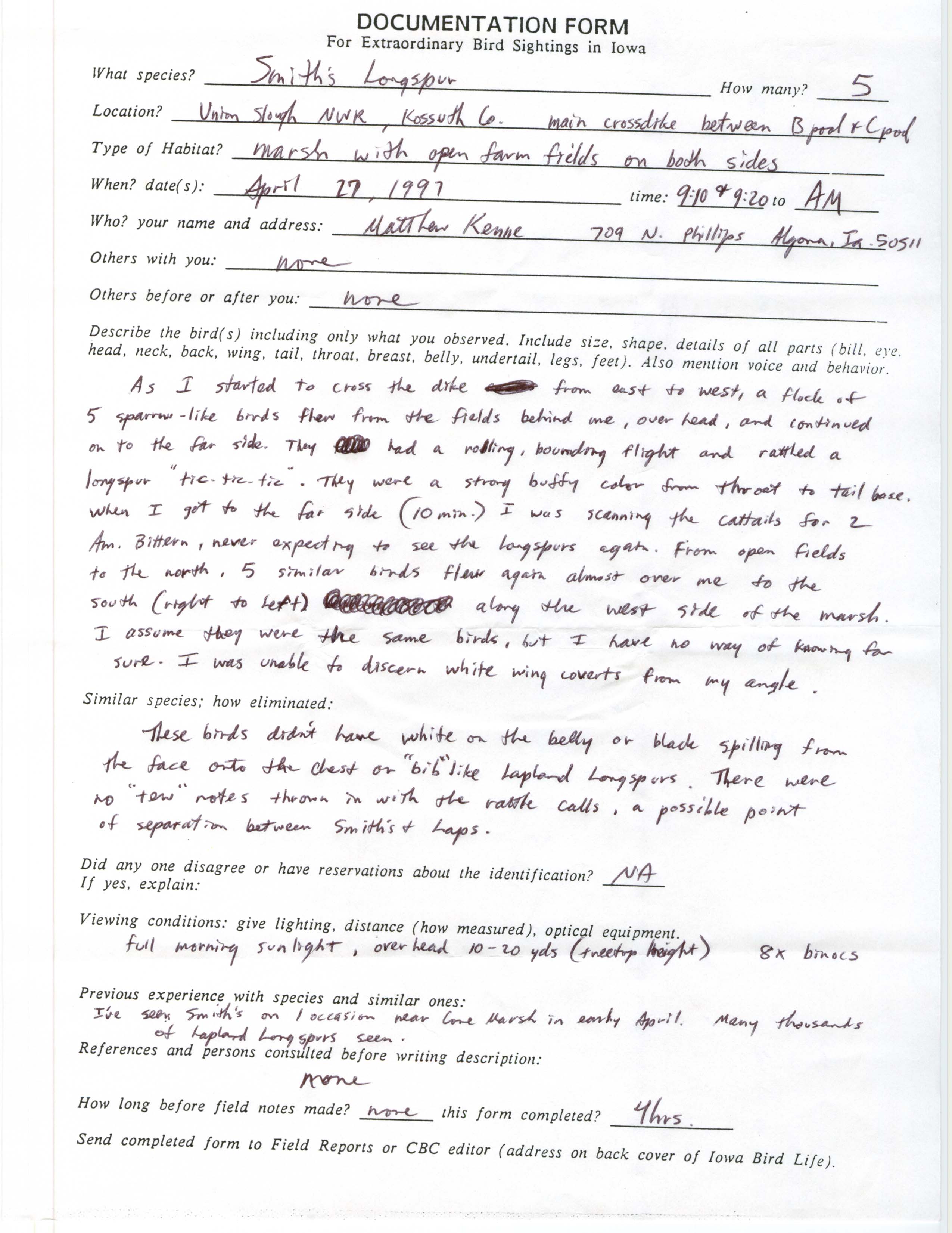 Rare bird documentation form for Smith's Longspur at Union Slough NWR, 1997