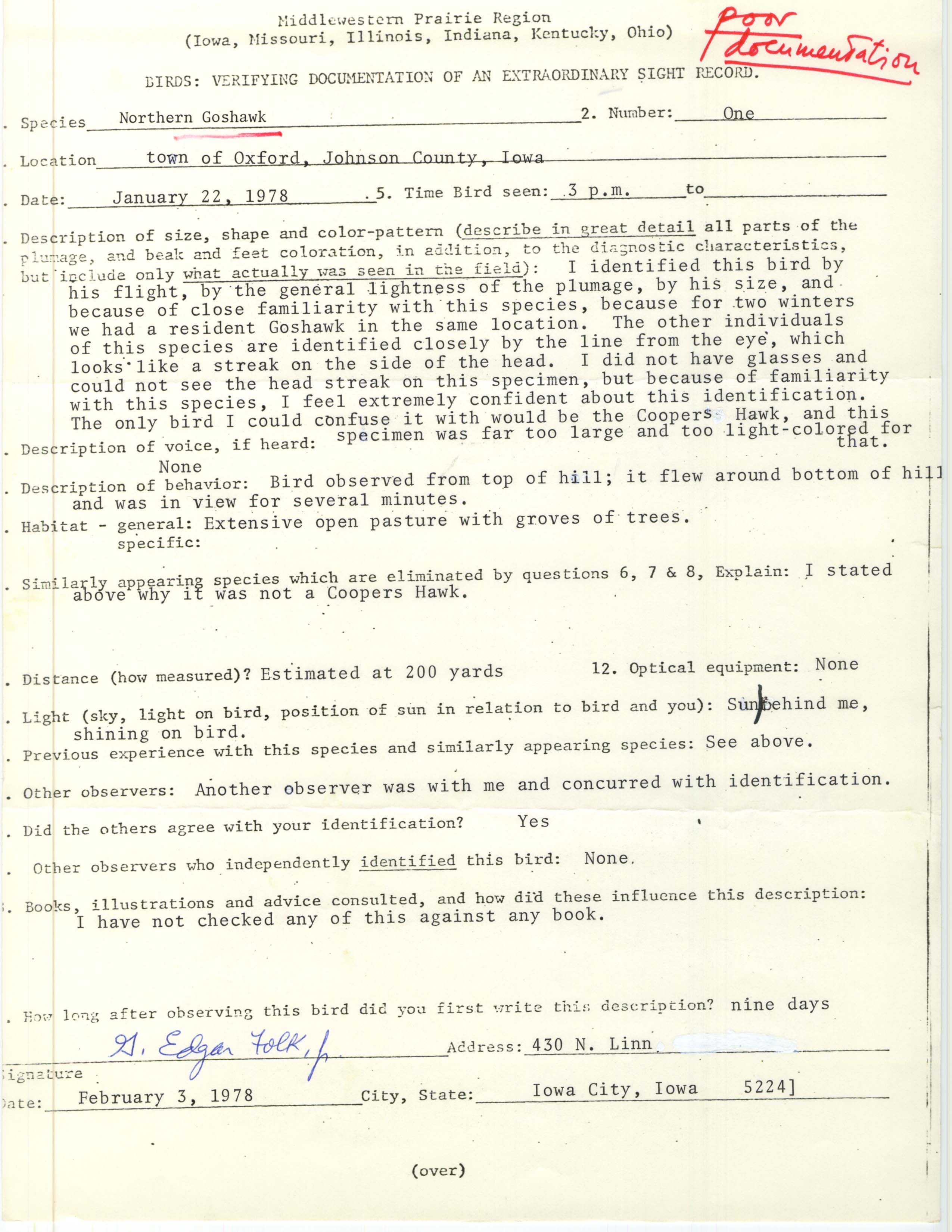 Rare bird documentation form for Northern Goshawk at Oxford, 1978