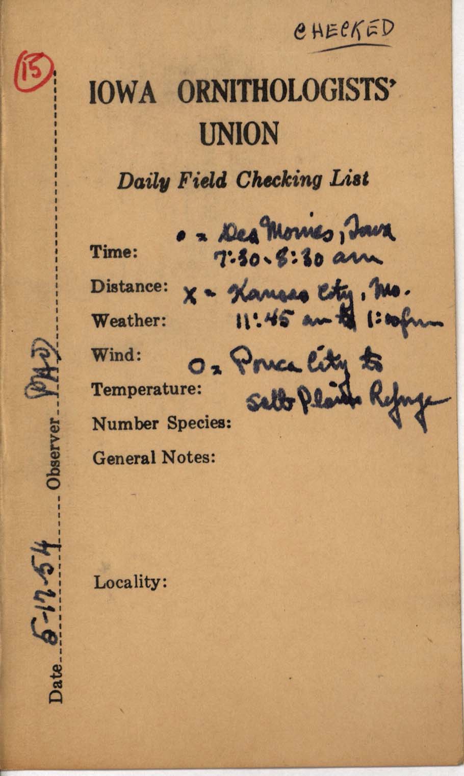 Daily field checking list, Philip DuMont, May 17, 1954