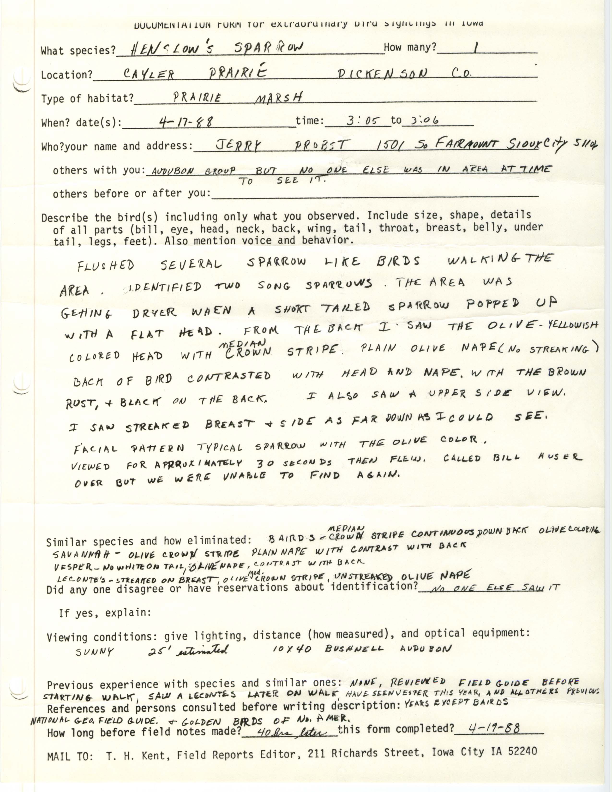 Rare bird documentation form for Henslow's Sparrow at Cayler Prairie, 1988