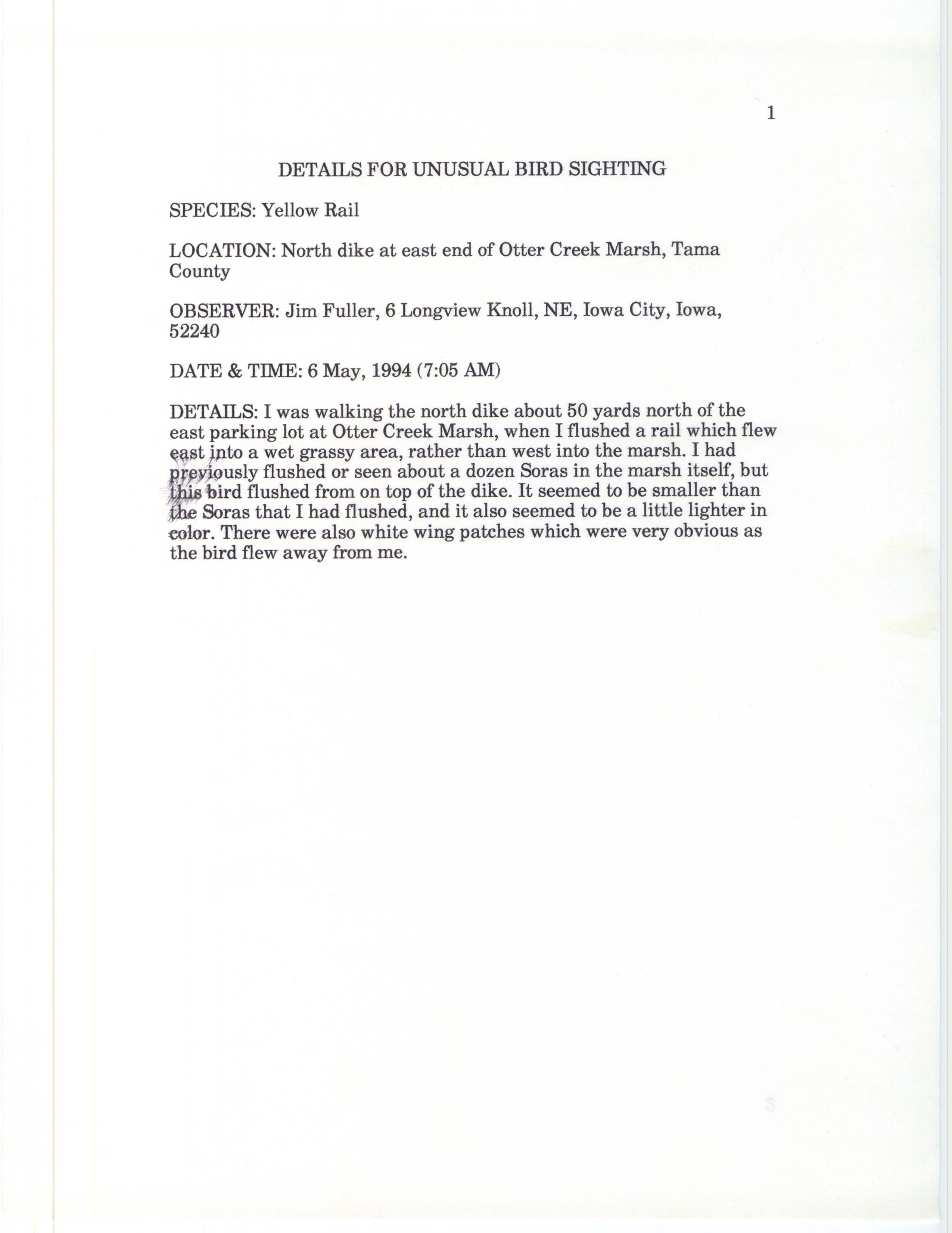 Rare bird documentation form for Yellow Rail at Otter Creek Marsh in 1994