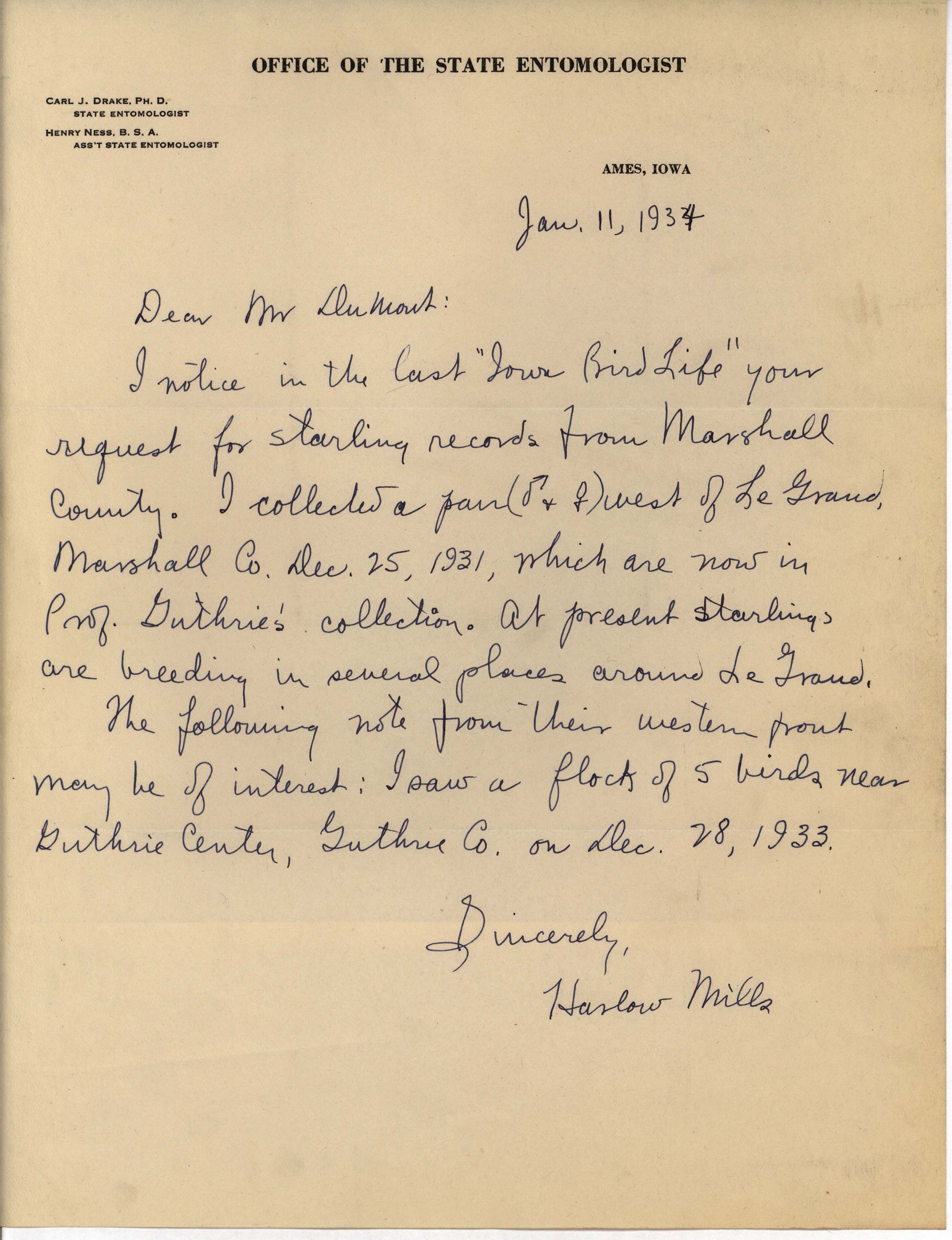 Harlow Mills letter to Philip DuMont regarding Starlings in Marshall County, January 11, 1934