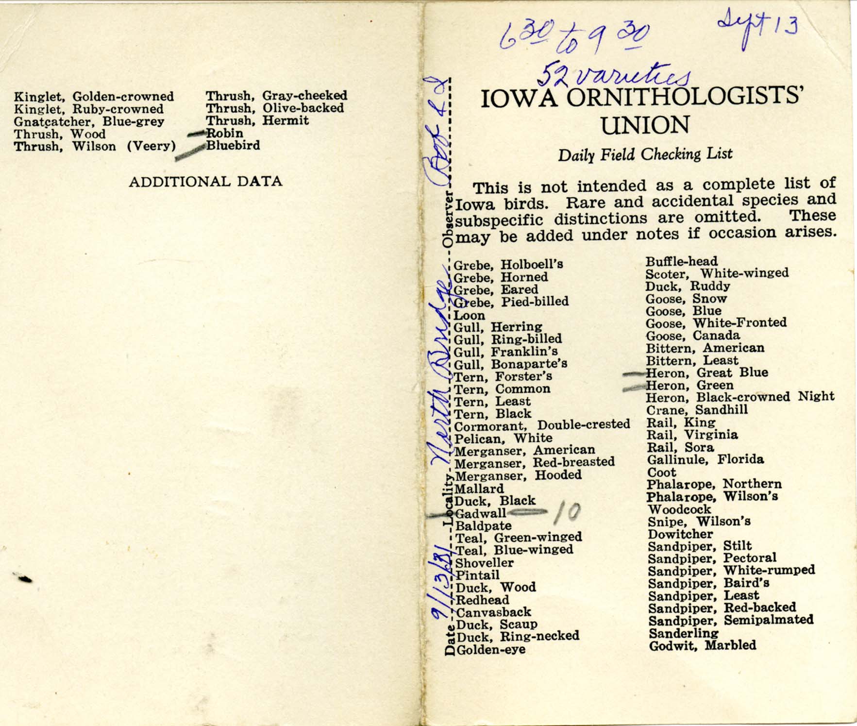 Daily field checking list, Walter Rosene, September 13, 1931
