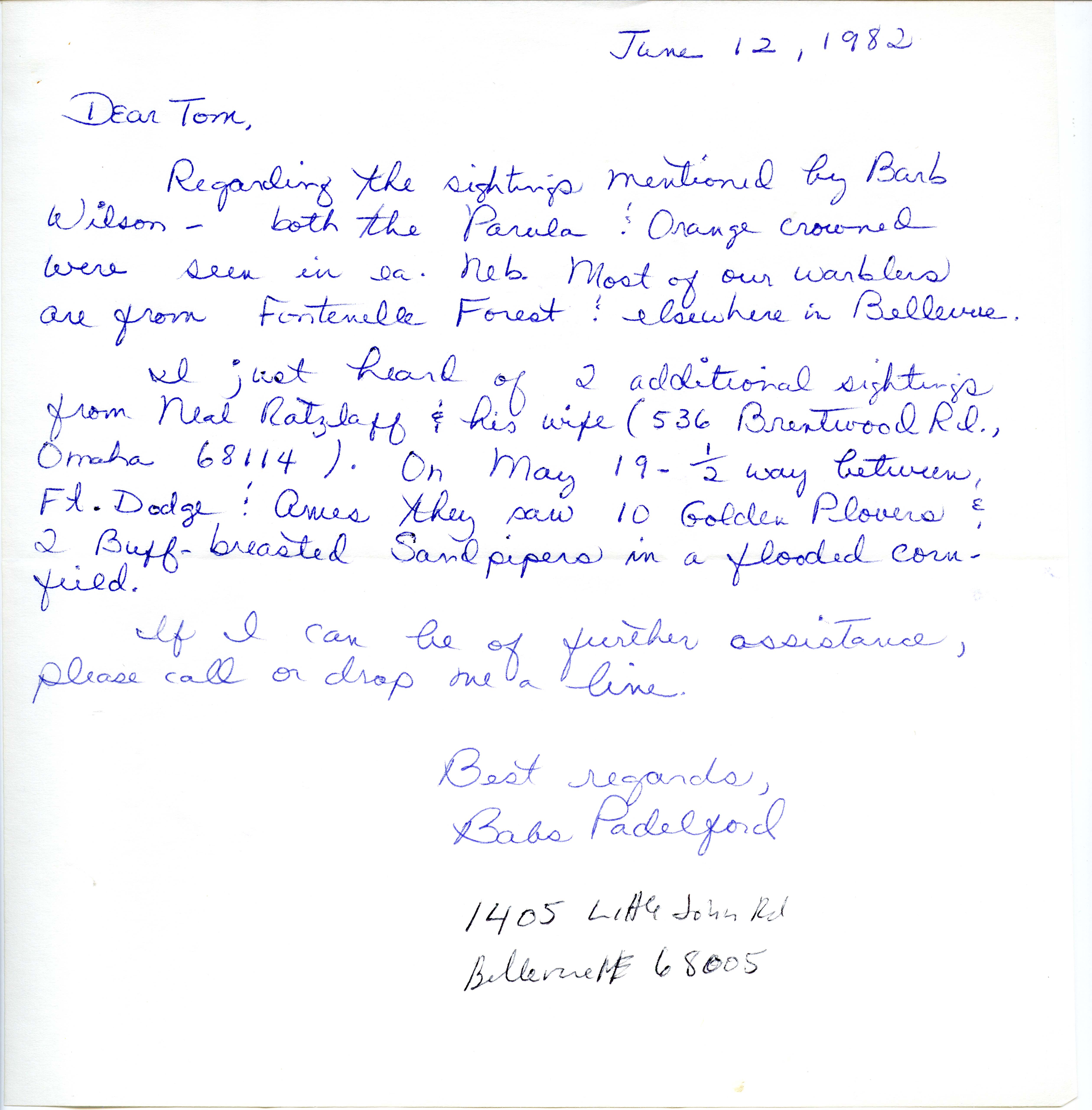 Babs Padelford letter to Thomas H. Kent regarding field notes, June 12, 1982