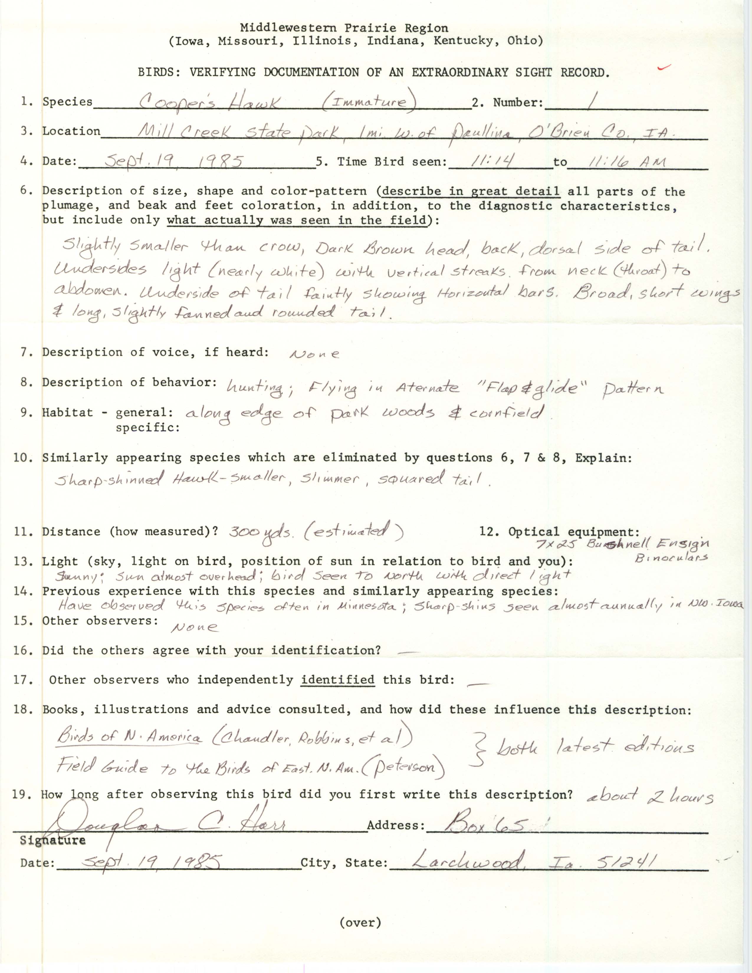Rare bird documentation form for Cooper's Hawk at Mill Creek State Park, 1985