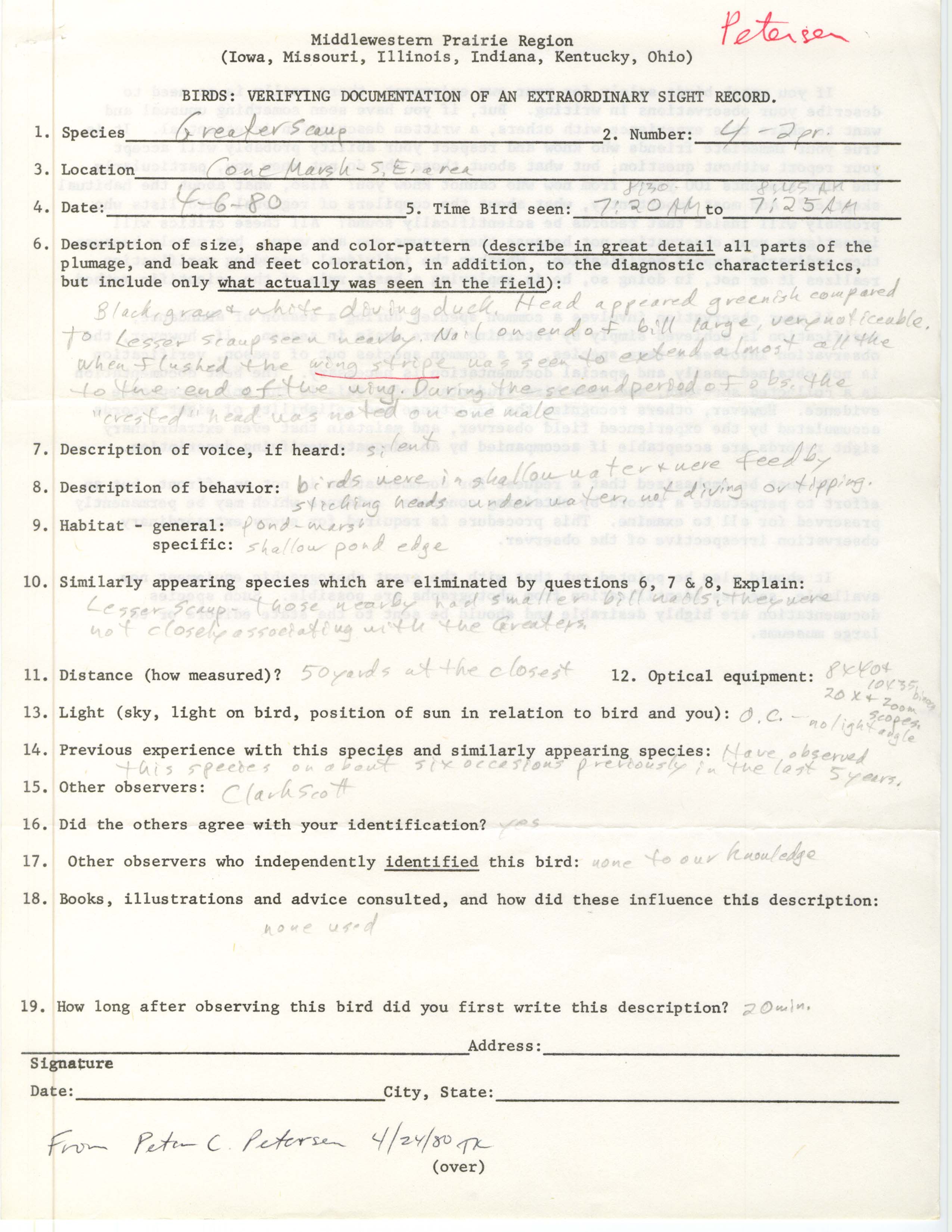 Rare bird documentation form for Greater Scaup at Cone Marsh, 1980