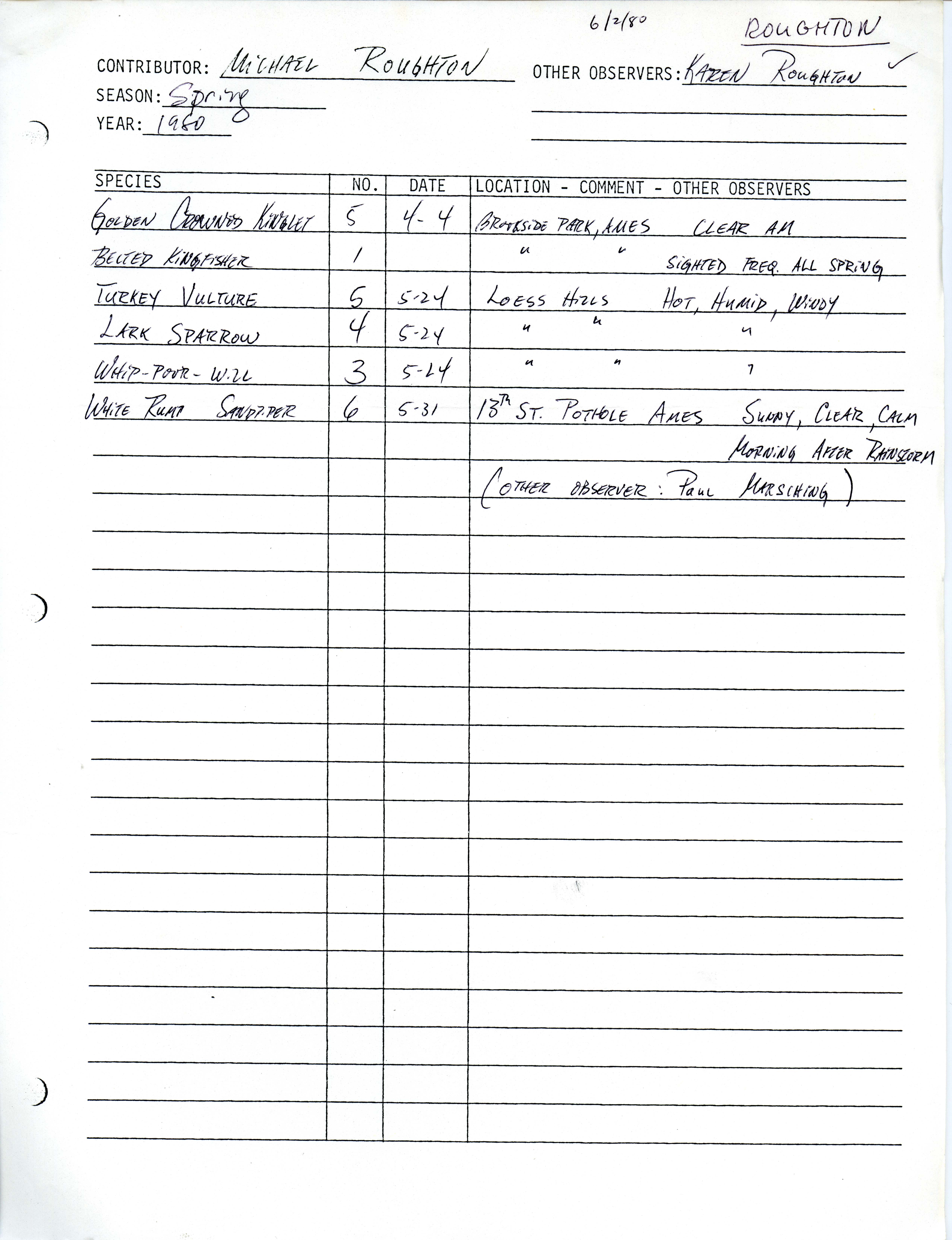 Field notes contributed by Michael Roughton, spring 1980