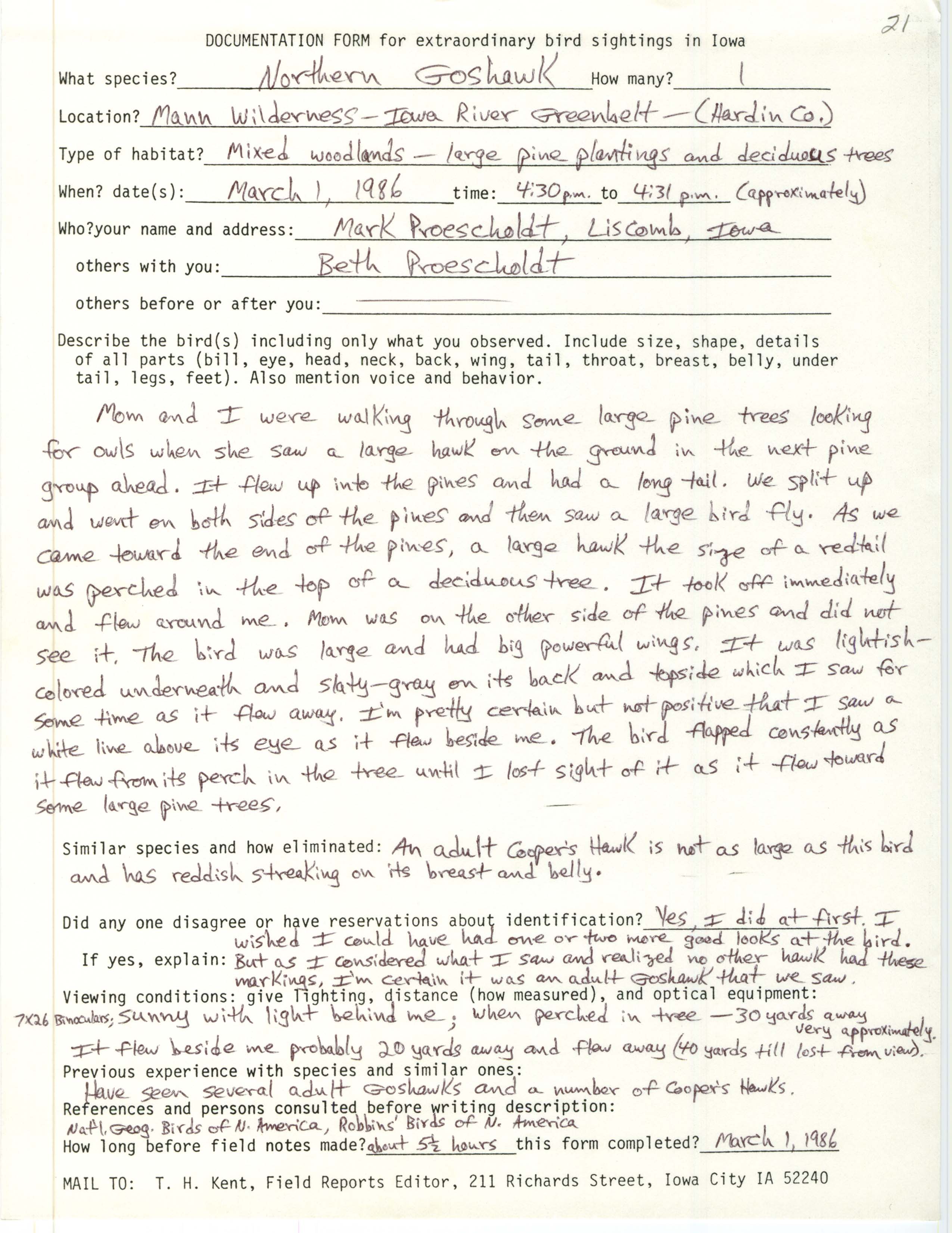 Rare bird documentation form for Northern Goshawk at Mann Wilderness, 1986