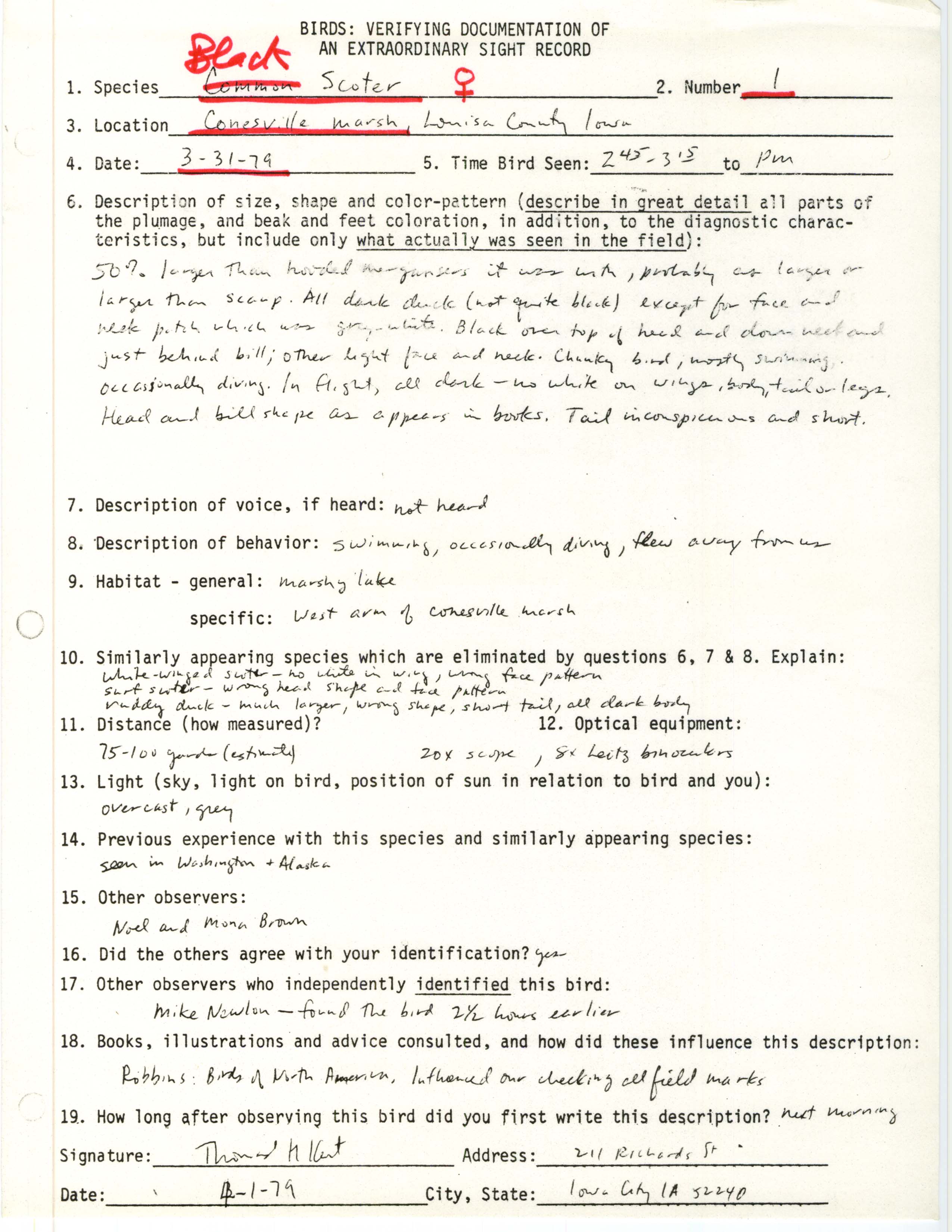 Rare bird documentation form for Black Scoter at Conesville Marsh, 1979