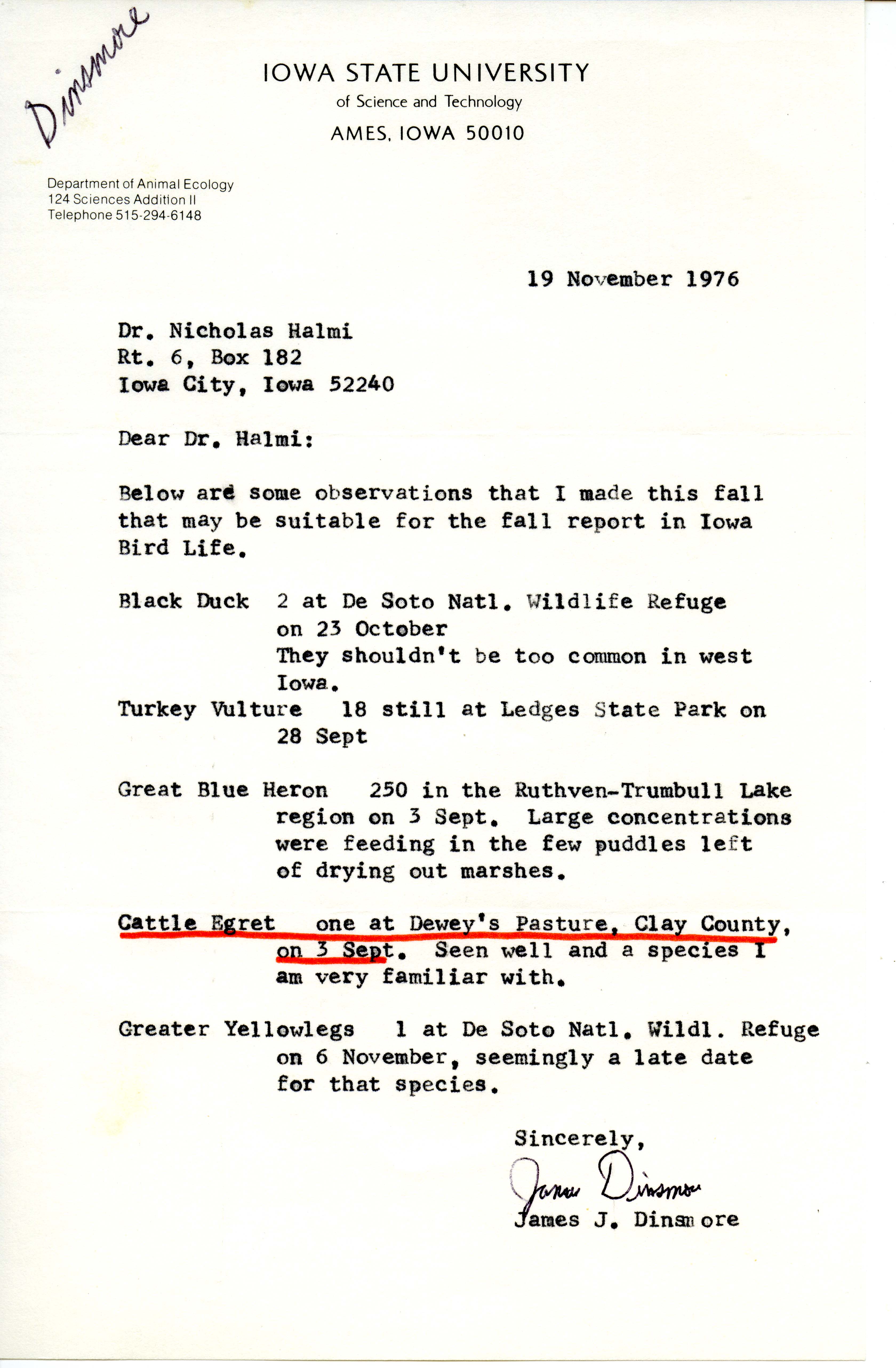 James J. Dinsmore letter to Nicholas S. Halmi regarding bird migrations, fall 1976