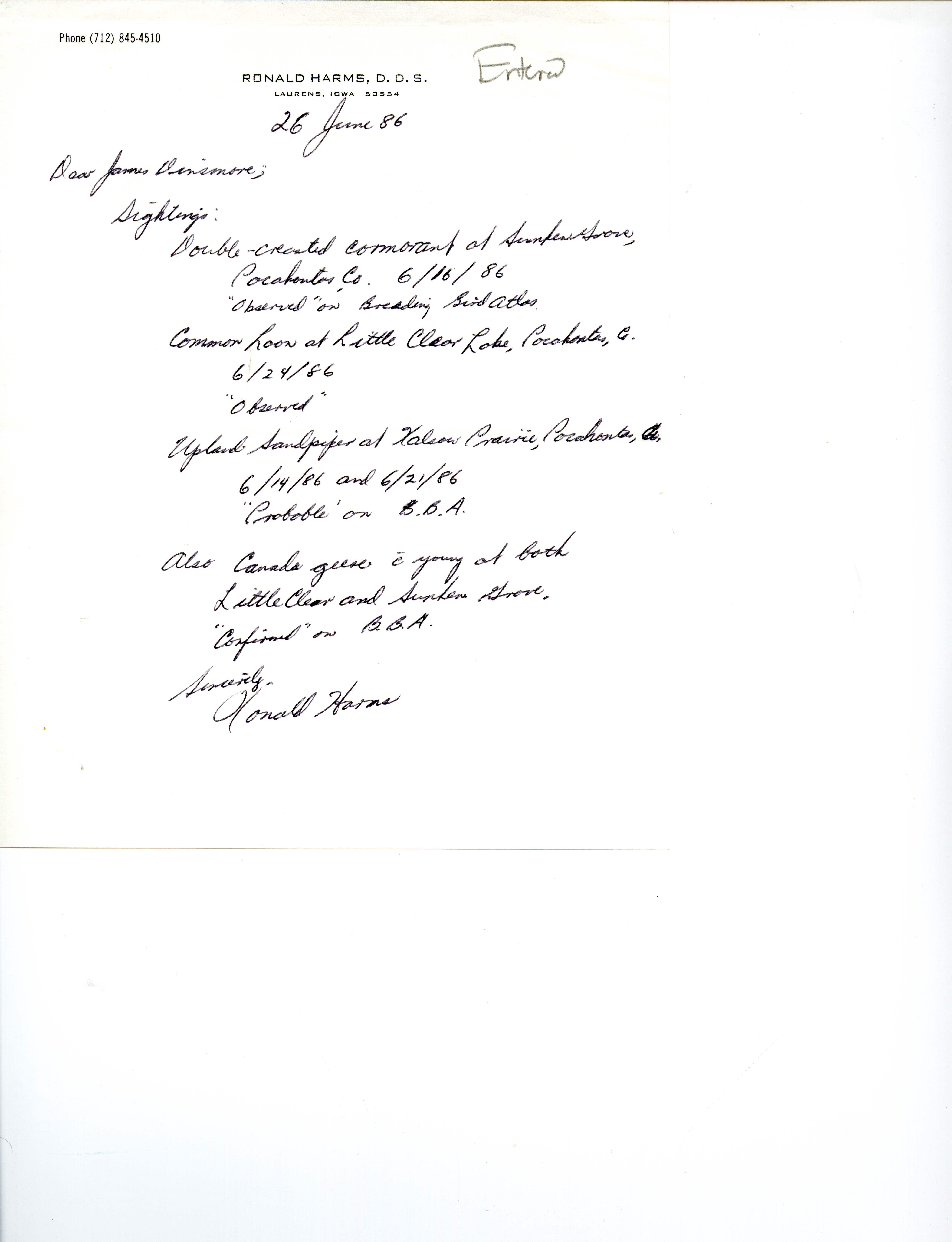 Ronald Harms letter to James J. Dinsmore regarding bird sightings, June 26, 1986