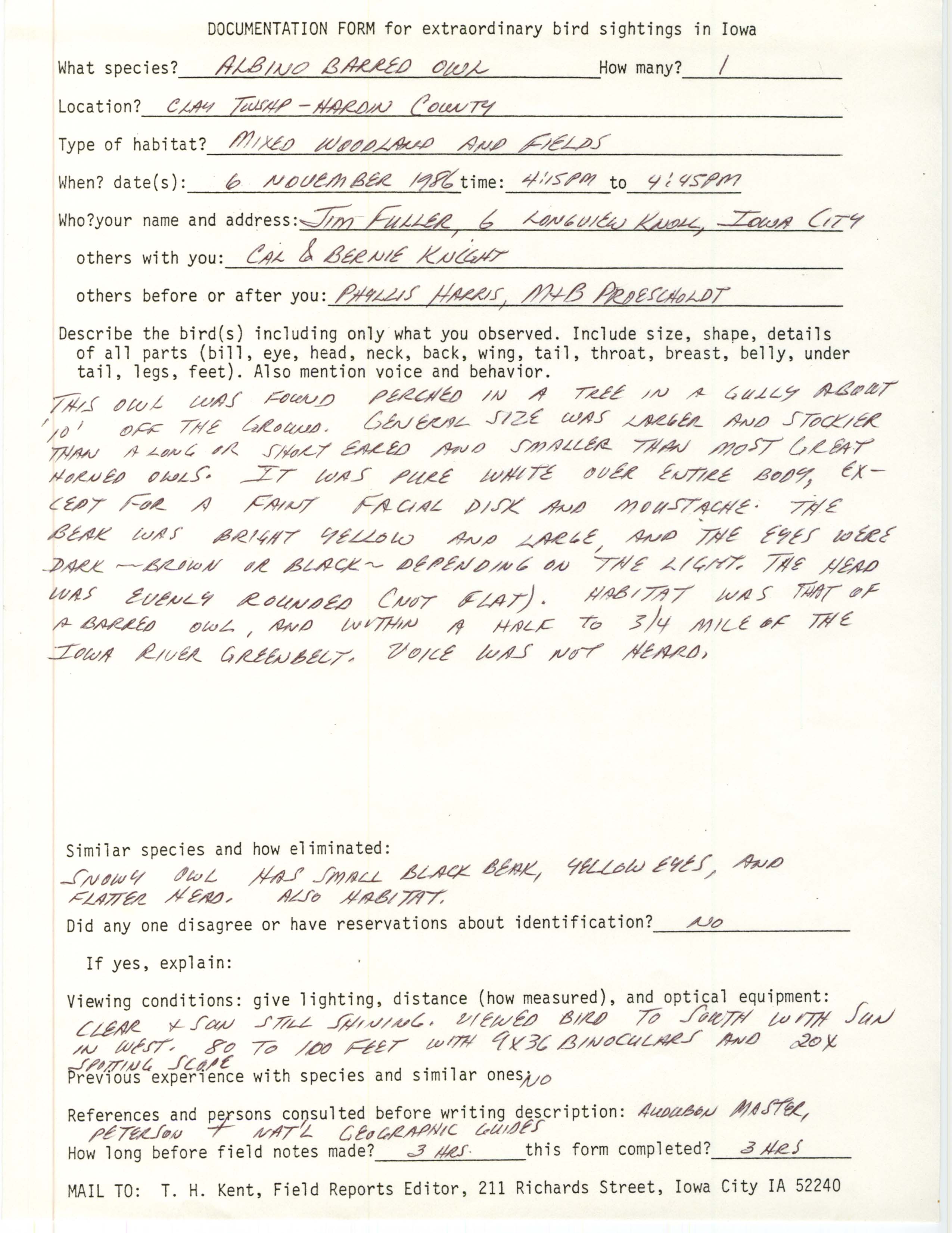 Rare bird documentation form for albino Barred Owl at Clay Township in Hardin County, 1986