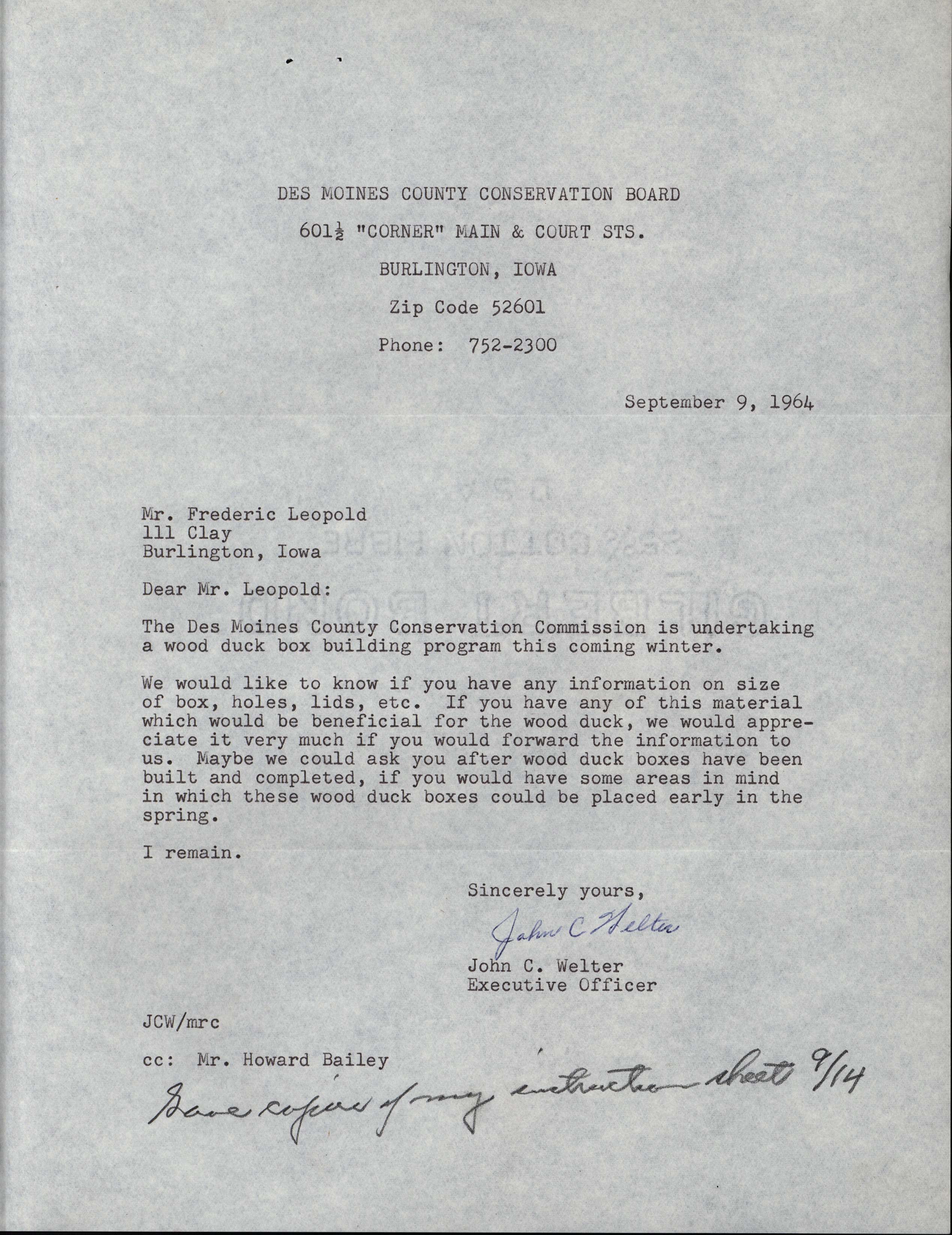 John C. Welter letter to Frederic Leopold regarding Wood Duck house information, September 9, 1964