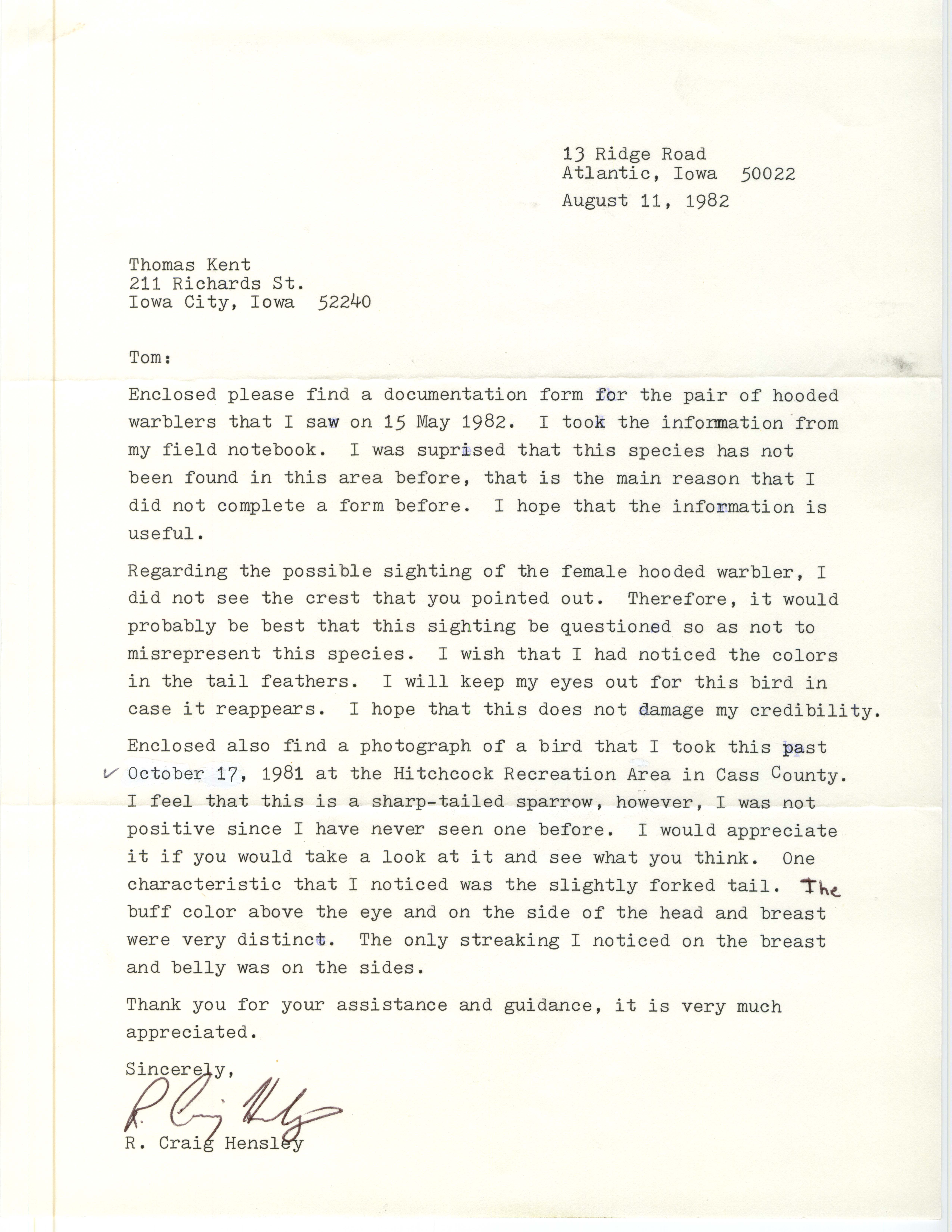 R. Craig Hensley letter to Thomas H. Kent regarding possible bird sightings and attached field notes, August 11, 1982