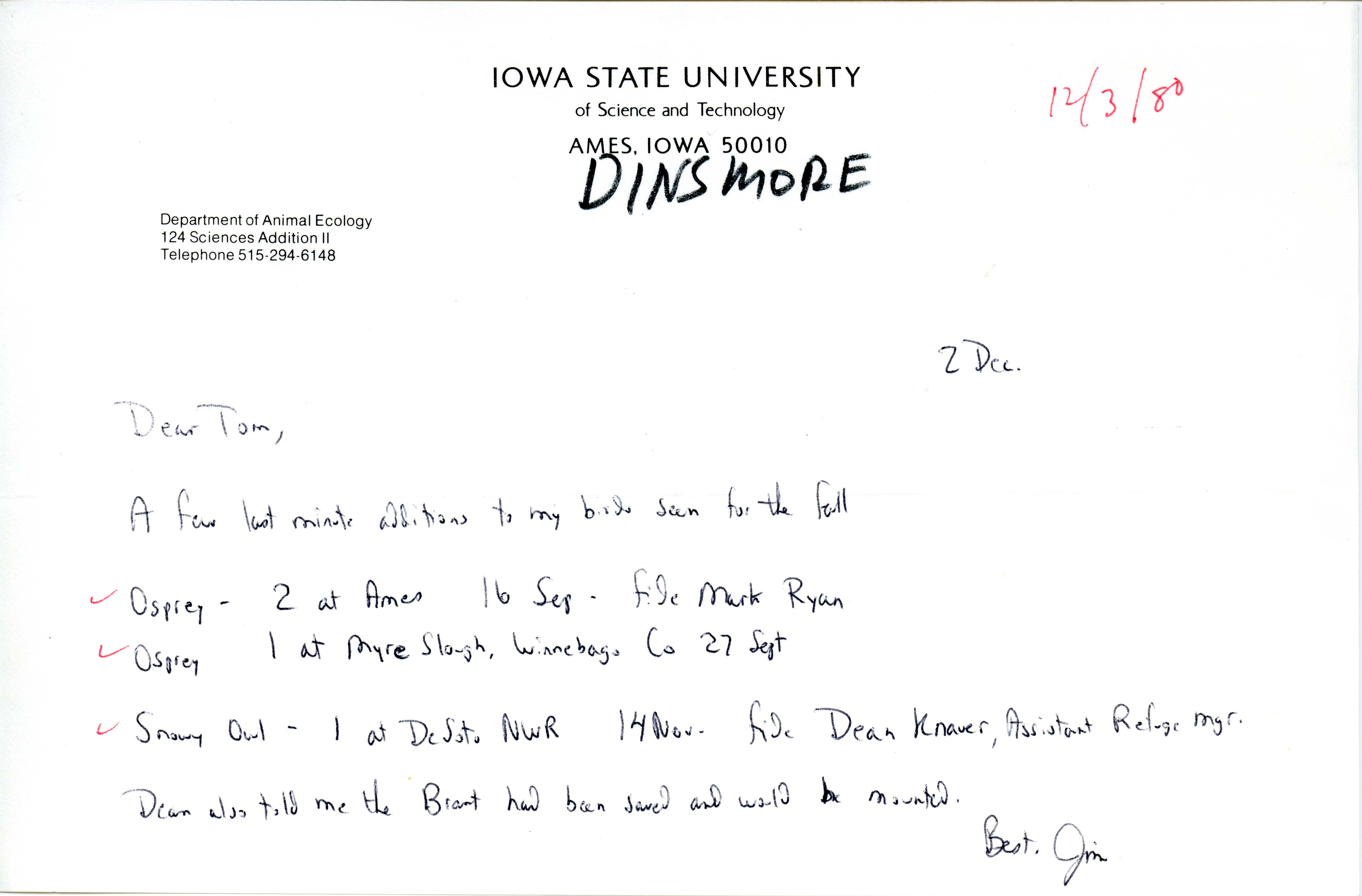 Jim Dinsmore letter to Thomas Kent regarding Osprey and Snowy Owl sightings, December 2, 1980