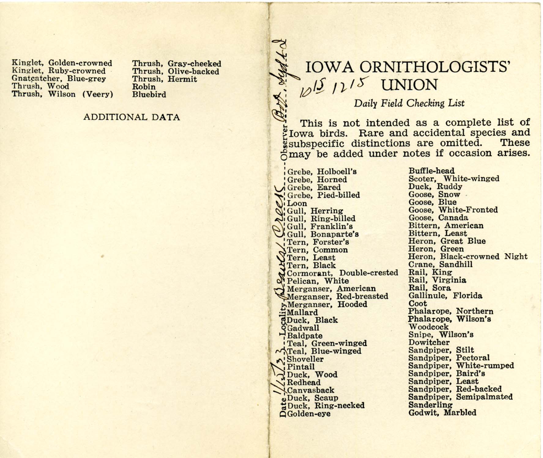 Daily field checking list, Walter Rosene, January 15, 1933