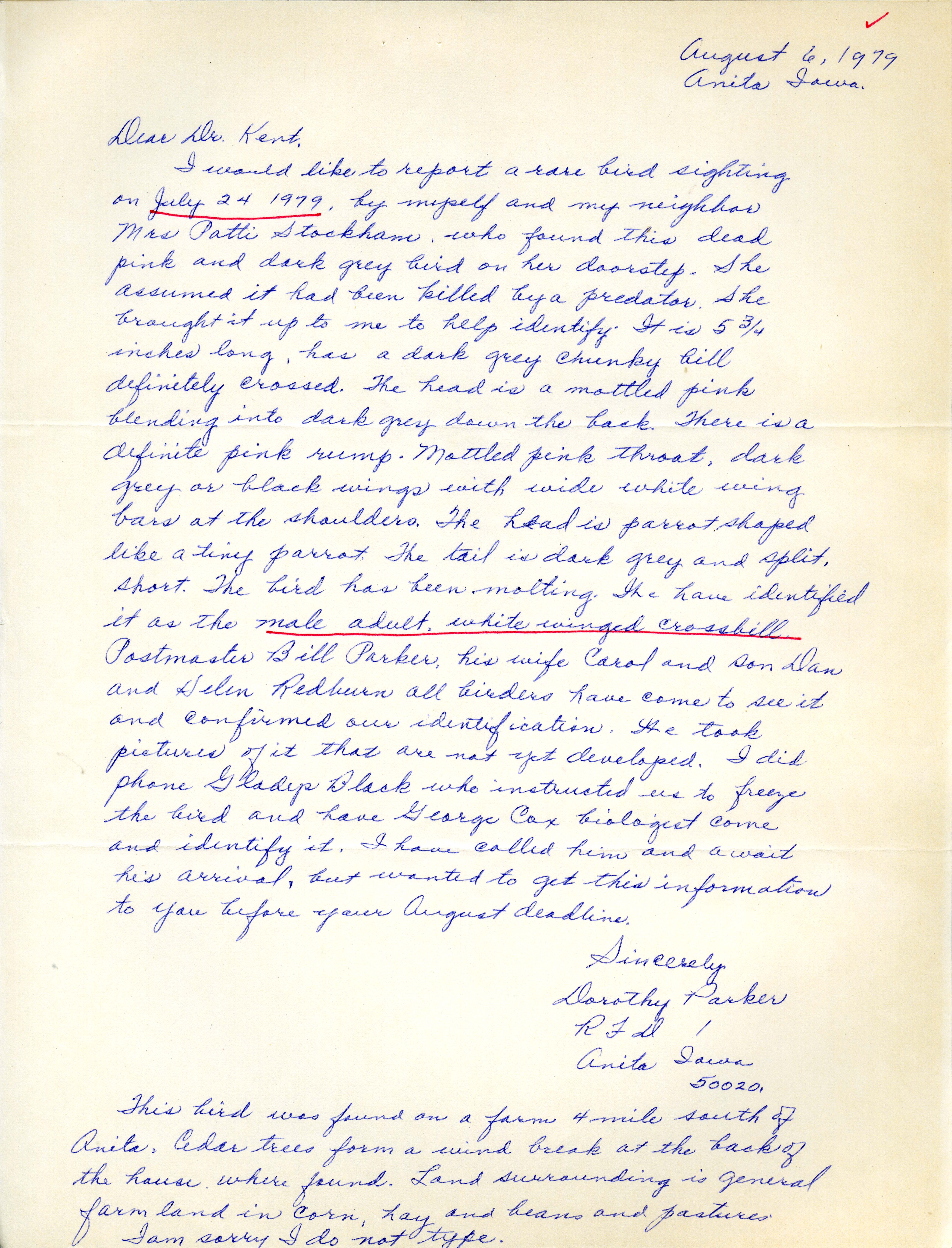 Dorothy Parker letter to Thomas H. Kent regarding rare bird sighting of a White-Winged Crossbill, August 6, 1979