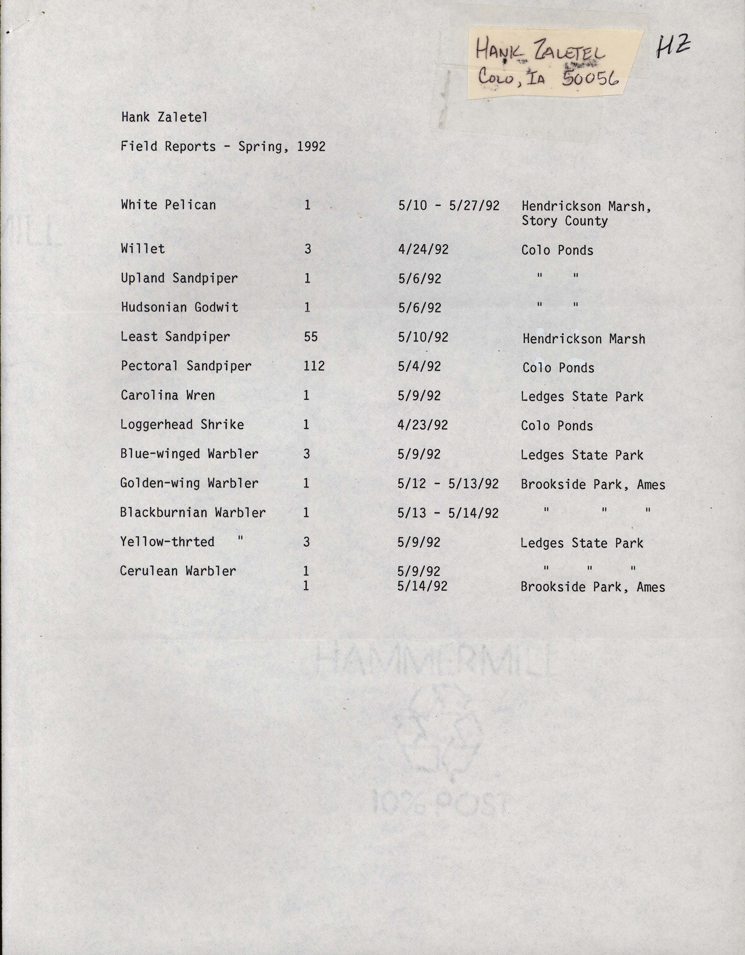 Field notes contributed by Hank Zaletel, spring 1992