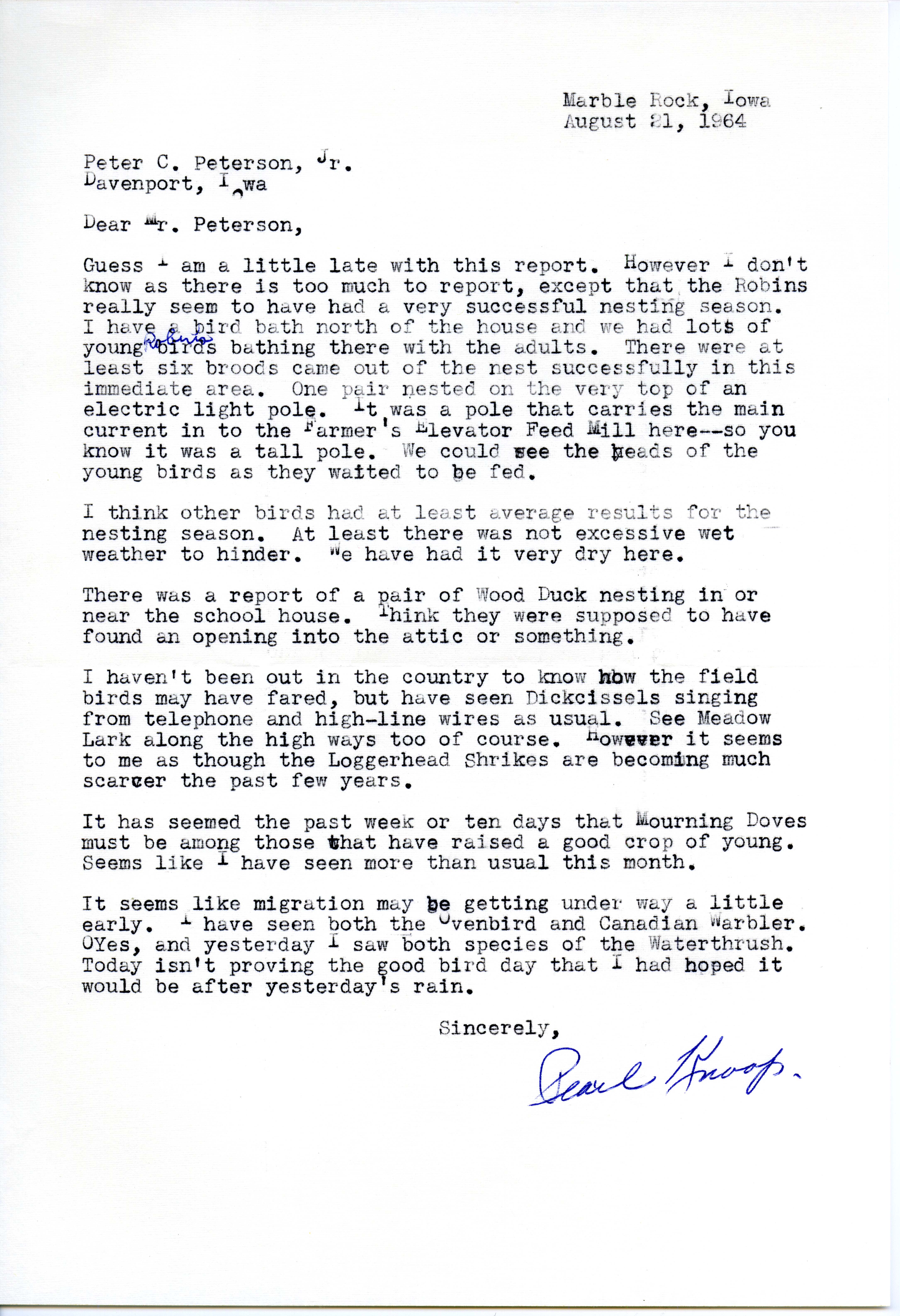 Pearl Knoop letter to Peter C. Petersen regarding nesting season, August 21, 1964