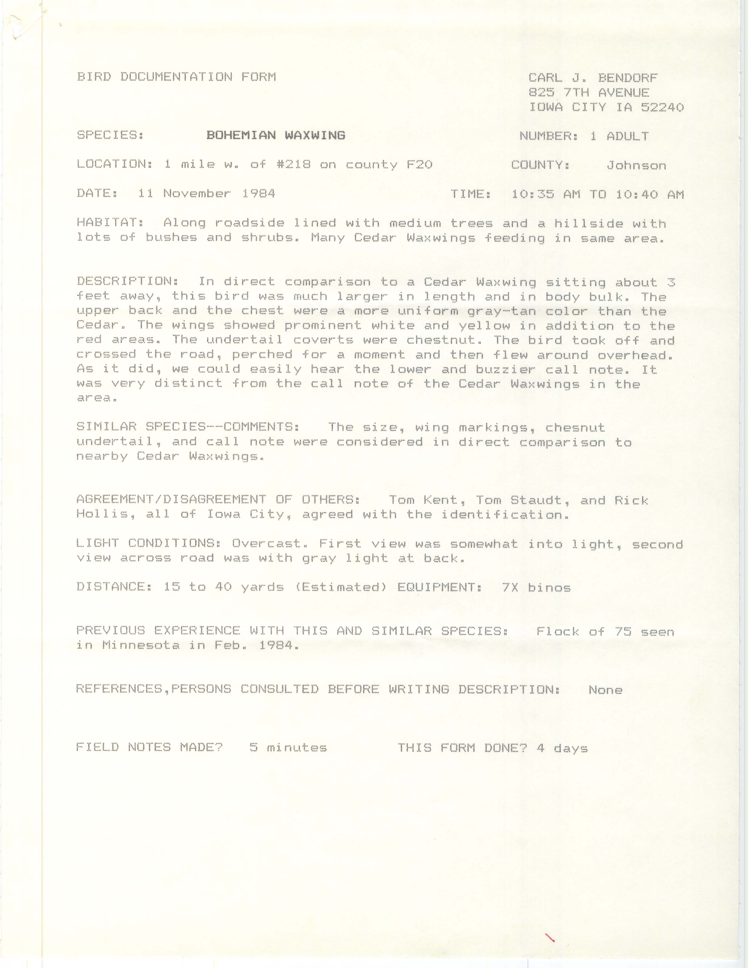 Rare bird documentation form for Bohemian Waxwing at Iowa City, 1984