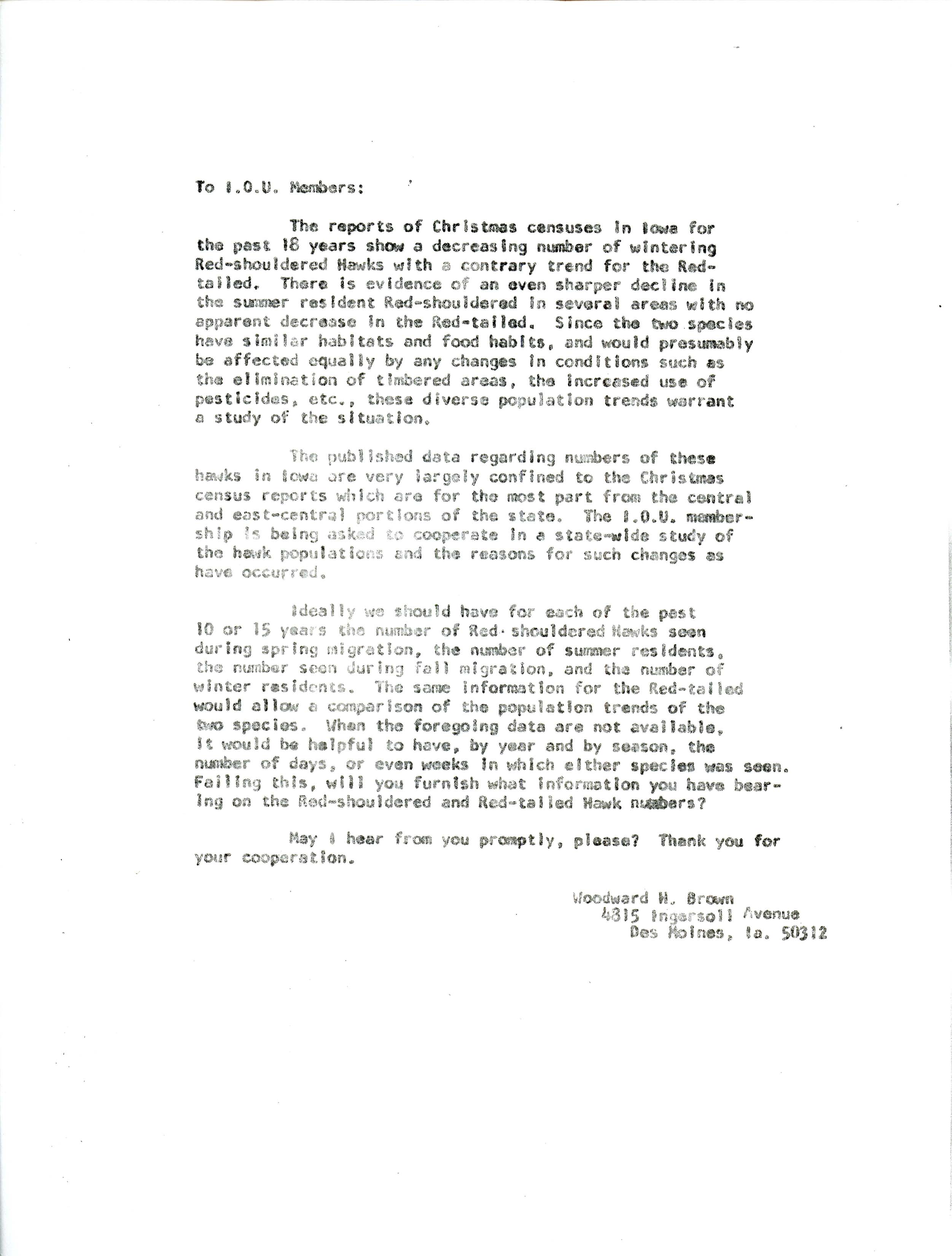 Woodward H. Brown letter to Iowa Ornithologists Union members regarding Red-shouldered Hawk and Red-tailed Hawk populations