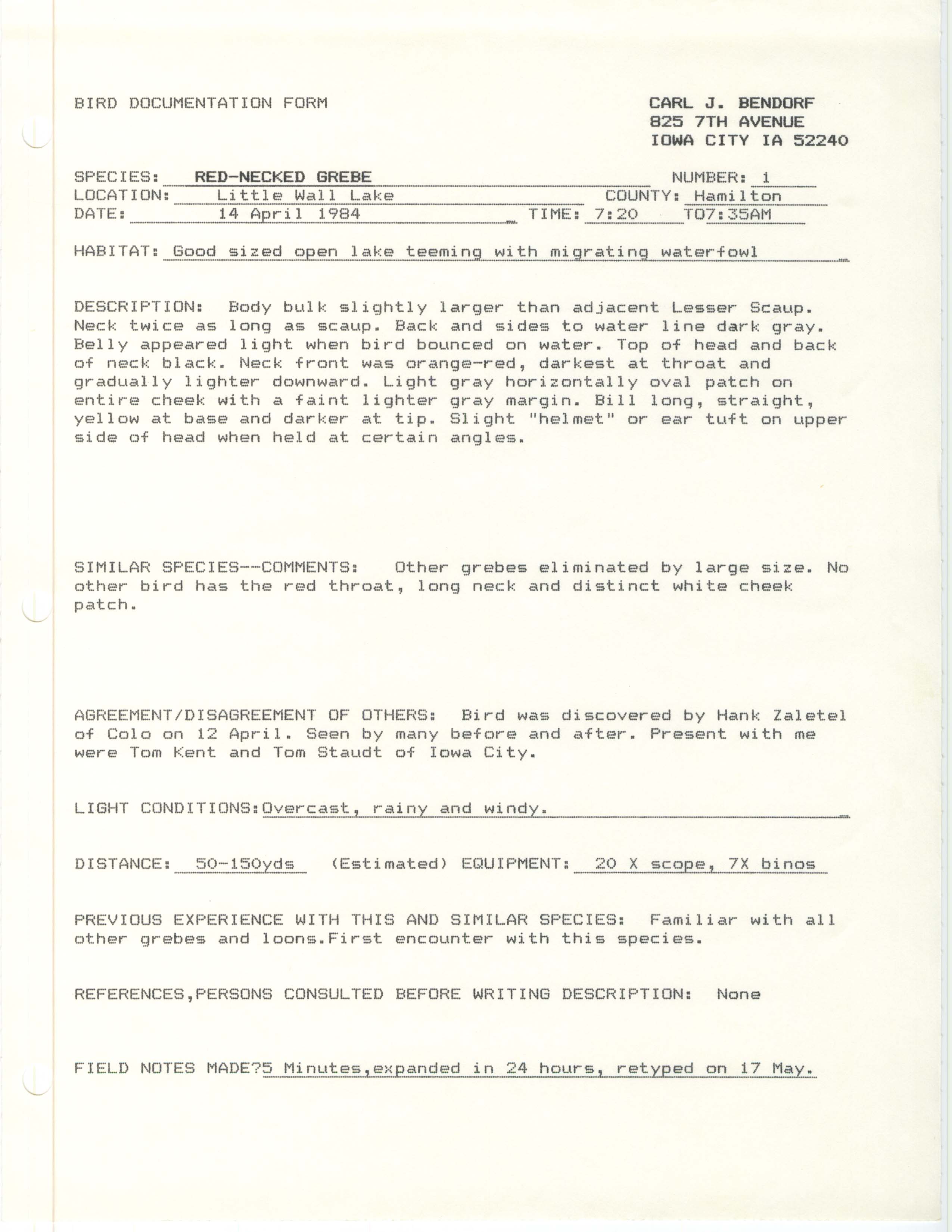 Rare bird documentation form for Red-necked Grebe at Little Wall Lake in 1984