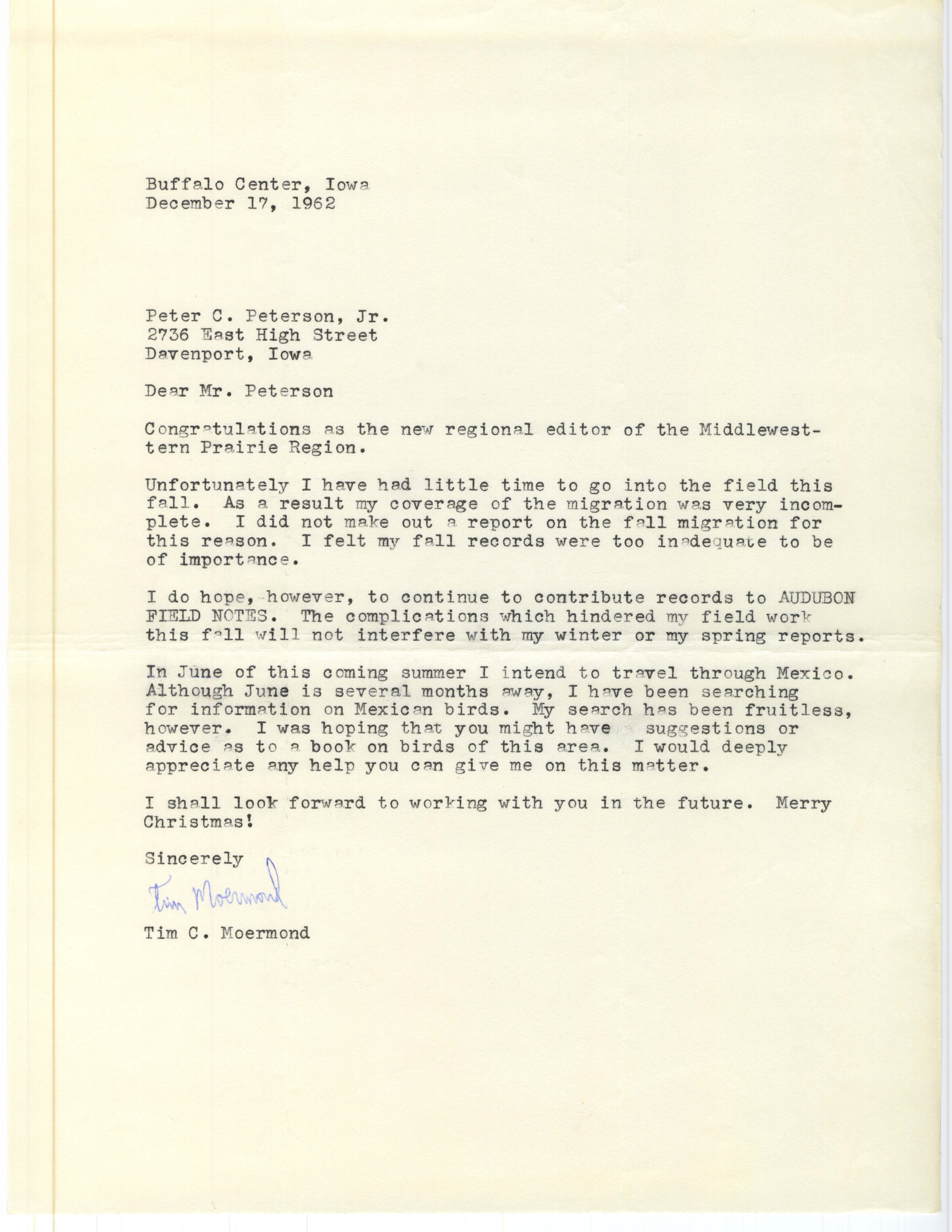 Tim C. Moermond letter to Peter C. Petersen regarding field notes, fall 1962